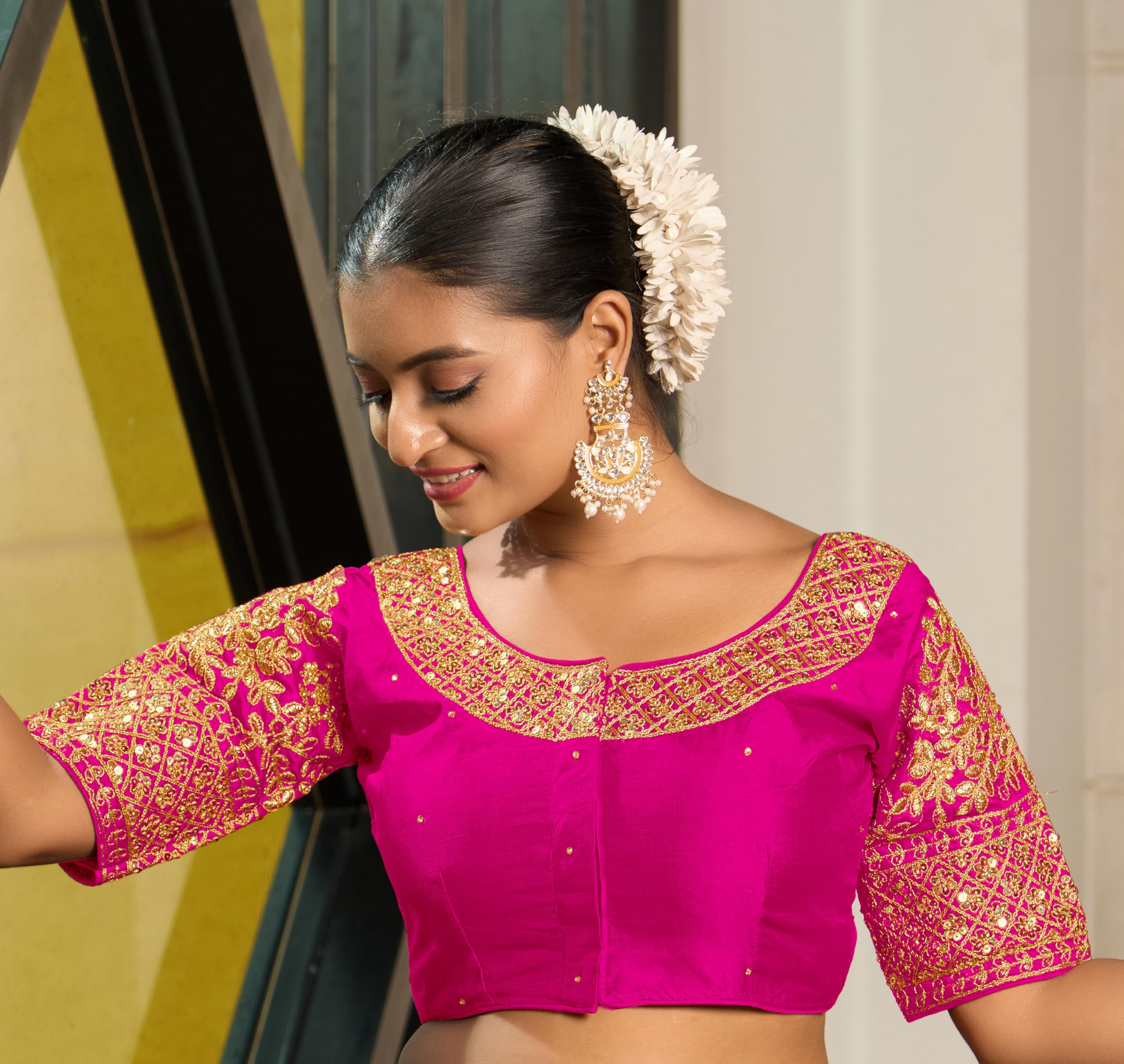 Pujia Mills Women's Heavy Embroidery Coding With Sequins Work Half Sleeves Fancy Readymade Saree Blouse (Pink, 38)