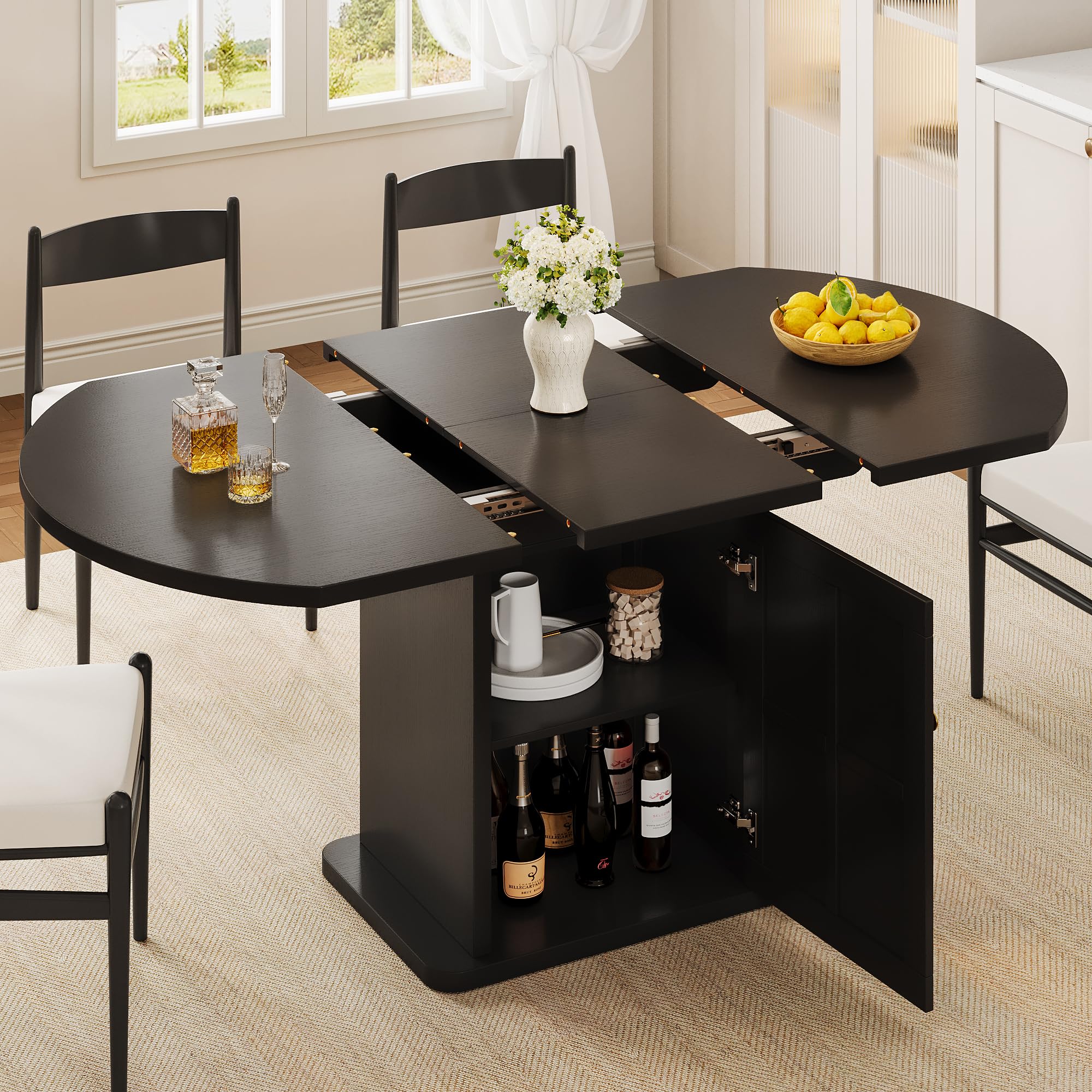 iPormis Round Dining Table for 4-6 59 Extendable Dining Room Kitchen Table with 2-Tier Storage Shelf Wood Dinner