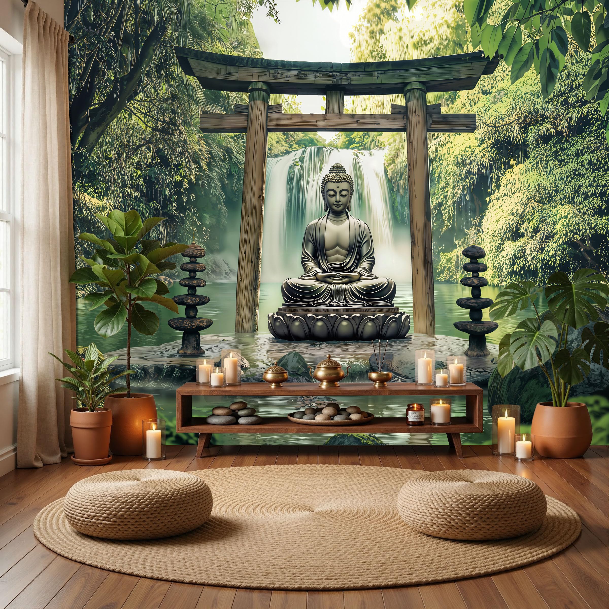 DLERFLOVR Photo Wallpaper Forest Meditation Statue 3D Effect Panoramic Mural Buddha Statue Lotus Pedestal Wall Paper for Bedroom, Living Room, Restaurant, Spa Wall Decoration, 250x175cm Emerald Green
