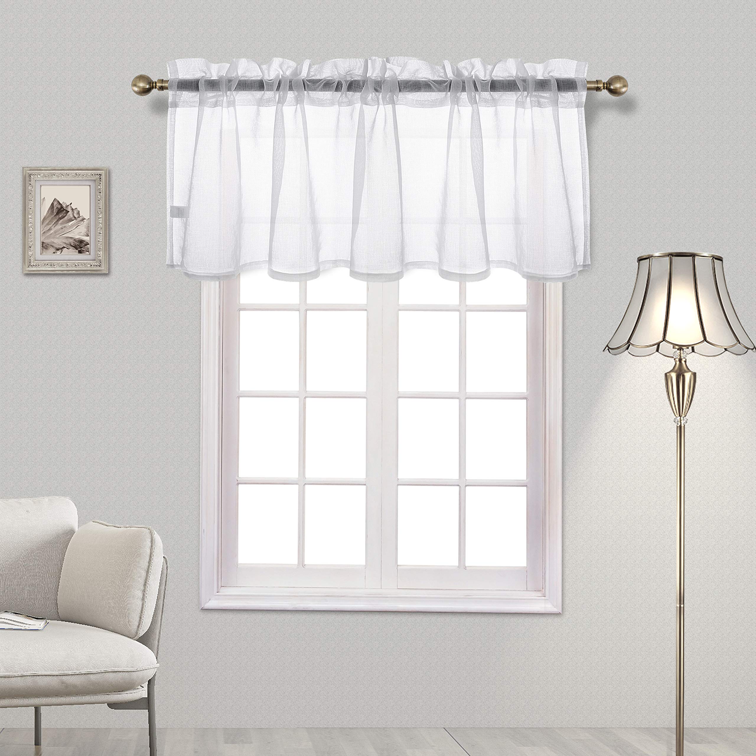 DWCN White Voile Sheer Valance Short Rod Pocket Panels for Kitchen, Cafe, Bedroom, Small Windows, W 60 x L 18 Inch, 1 Panel
