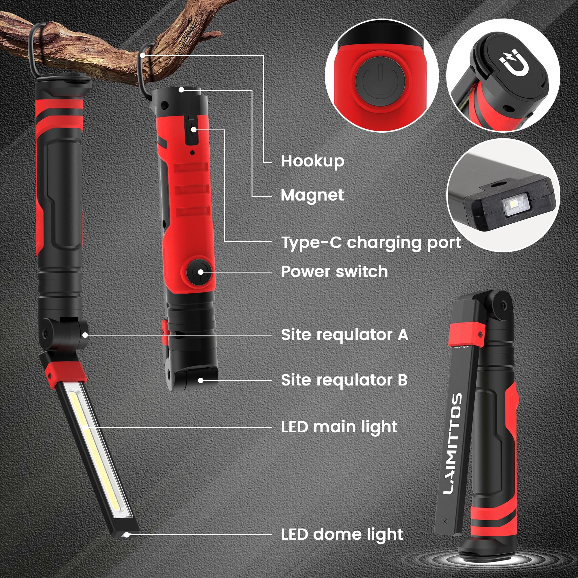 2 luci da lavoro ricaricabili – 2500 mAh pieghevole magnetica a LED da lavoro torcia esterna con 3 modalità di illuminazione luce meccanica per riparazione auto/emergenza