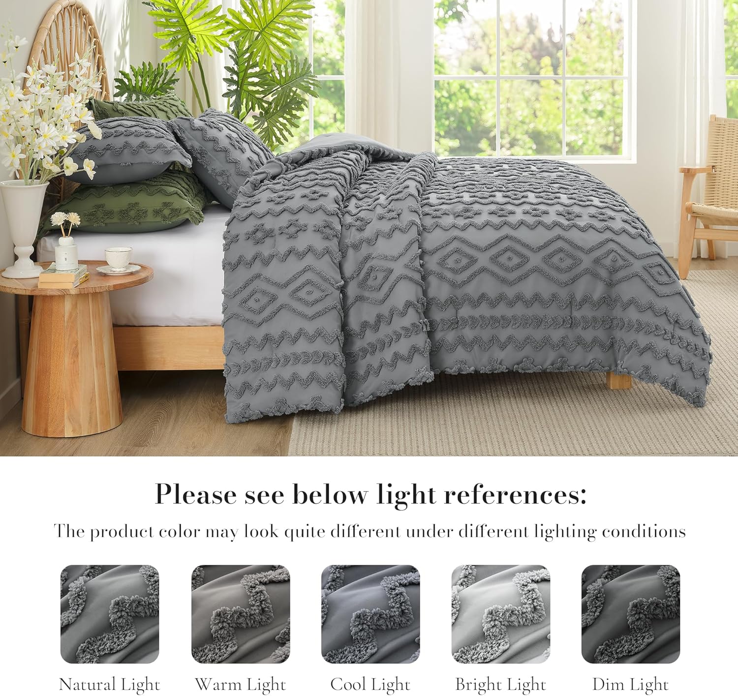Amélie Home Boho Comforter Set Queen Size, 3 Piece Gray Boho Bedding Set, Rustic Farmhouse Luxury Gift for Women Home Decor, Soft Cozy Diamond Comforter for All Seasons - Image 8