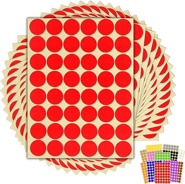 720 x Red Sticky Dots - 25mm 1 Inch - Round Colour Coding Dot Stickers - 15 Sheets
