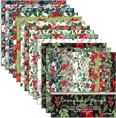 GLKTOPO Libro de recortes de Navidad de Poinsettia, 24 hojas de 6 pulgadas, de una sola cara, sin ácidos, patrón floral de Navidad, papel plegado