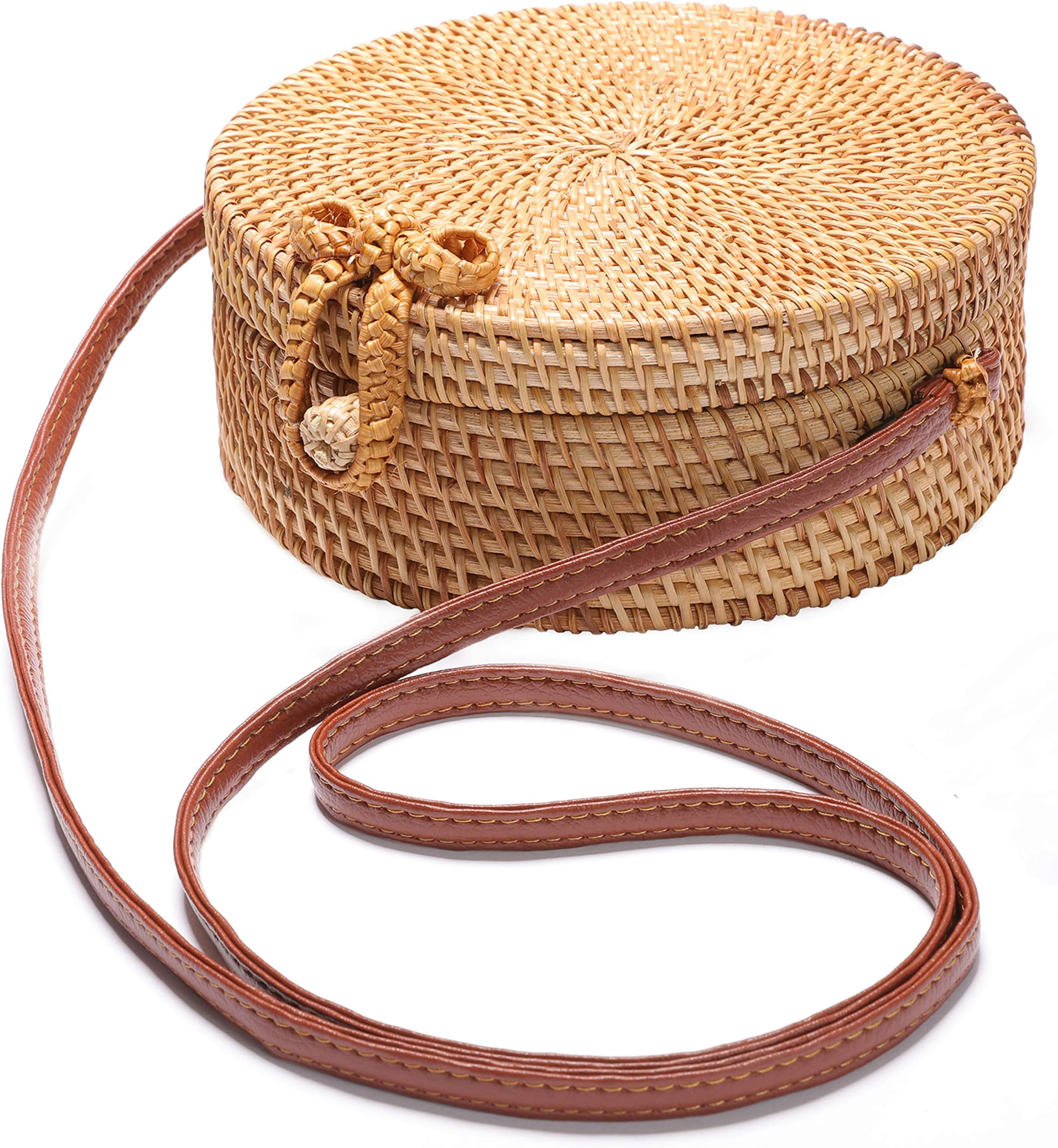 XMLMRYHandwoven Round Rattan Bag Shoulder Leather Straps Natural Chic Hand