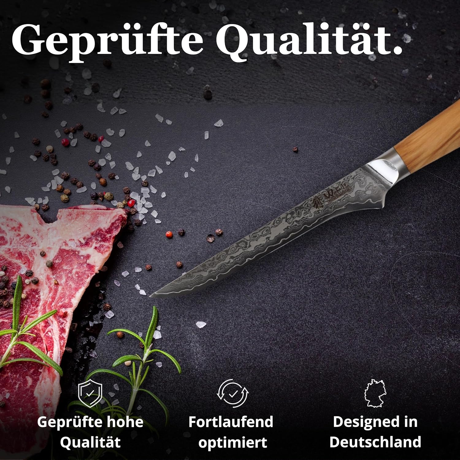 Wakoli Oribu Damascus Boning Knife – Full Tang Kitchen Knife with 5.5-Inch Blade made of 67-Layer Genuine Damascus Steel and VG10 Core – Ergonomic Olive Wood Handle in Elegant Gift Box