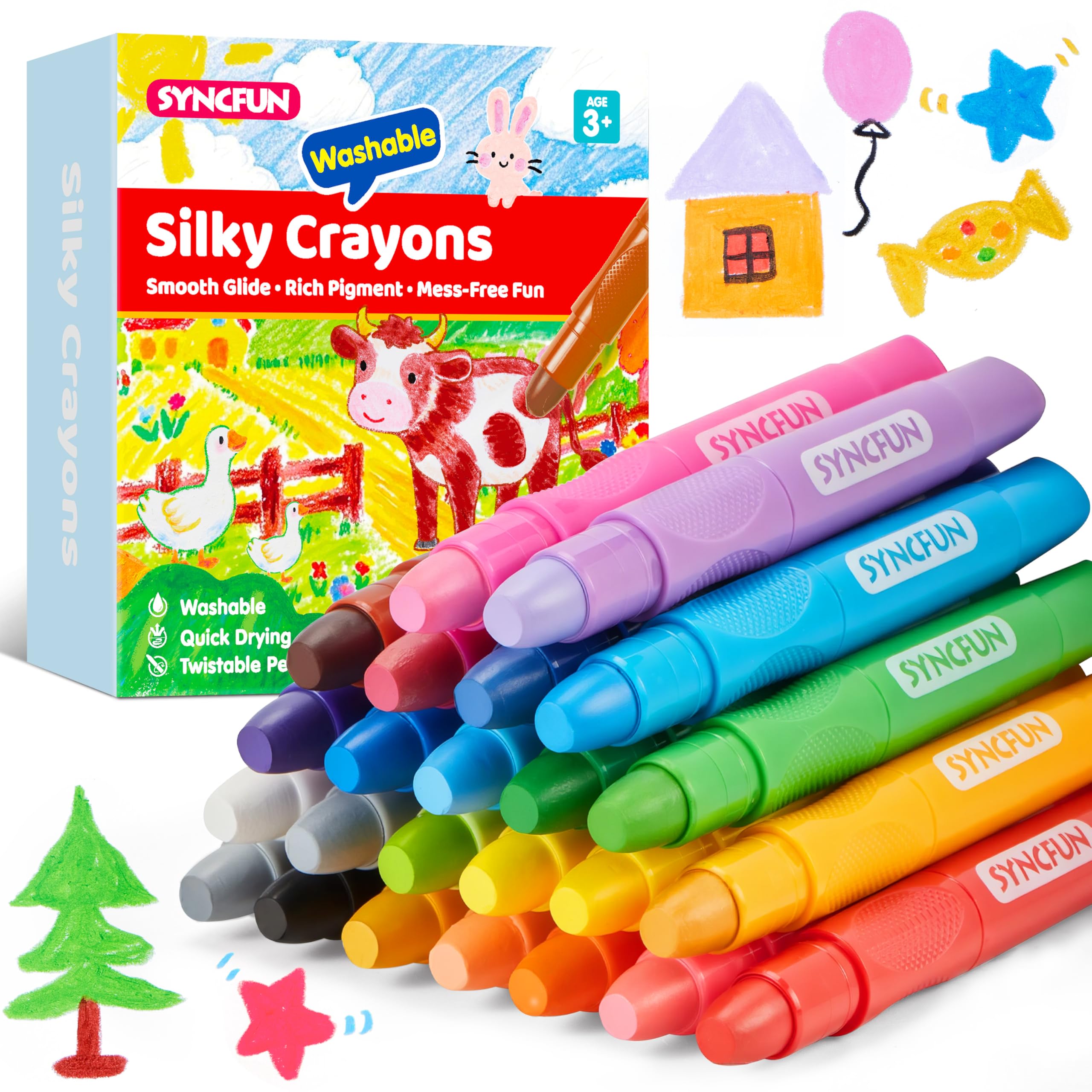 SYNCFUN 24 Pcs Twistable Silky Crayons, Washable Crayons for Paper, Easy to Hold & Quick-Drying Art Supplies, Non-Toxic, Mess Free, Birthday Gifts for Kids Ages 3+, Crafts Supplies
