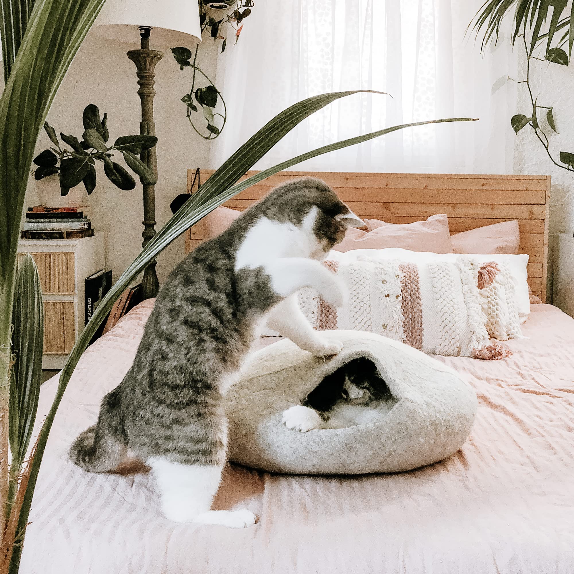 LucyBalu® Pebble Filzhöhle für Katzen I Katzenbett & Kuschelhöhle aus 100% Schurwolle I handgefertigt in Nepal I Naturstein-Optik, atmungsaktiv & geruchsneutral I Ø 45 cm I Hellgrau