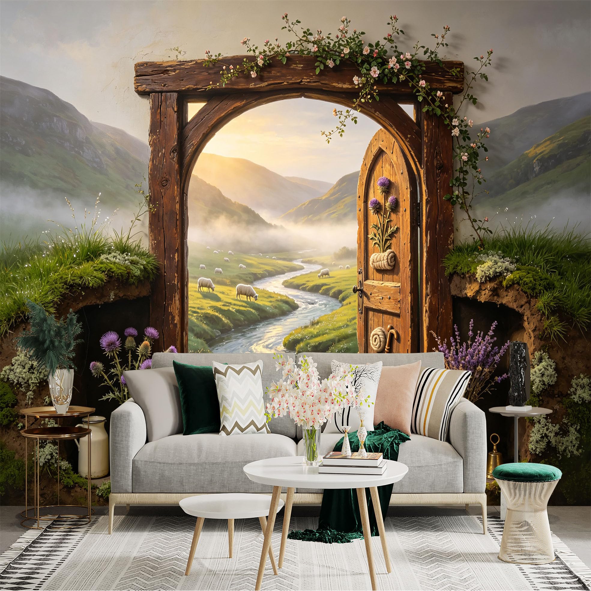 Custom Size Wall Sticker Mural， Rustic Wooden Doorway， Valley River Landscape， Sheep Meadow， for wall Decoration， peelandstick wall Decals.