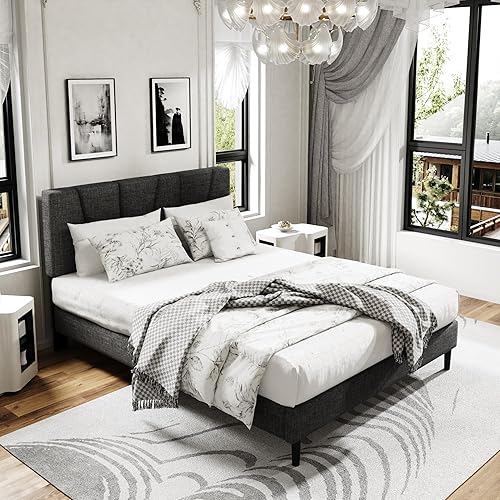 Miniatura 16 de Base de cama plataforma tamaño Queen con cabecero tapizado, soporte de listones de madera, sin ruido, no necesita somier, fácil montaje, gris claro,