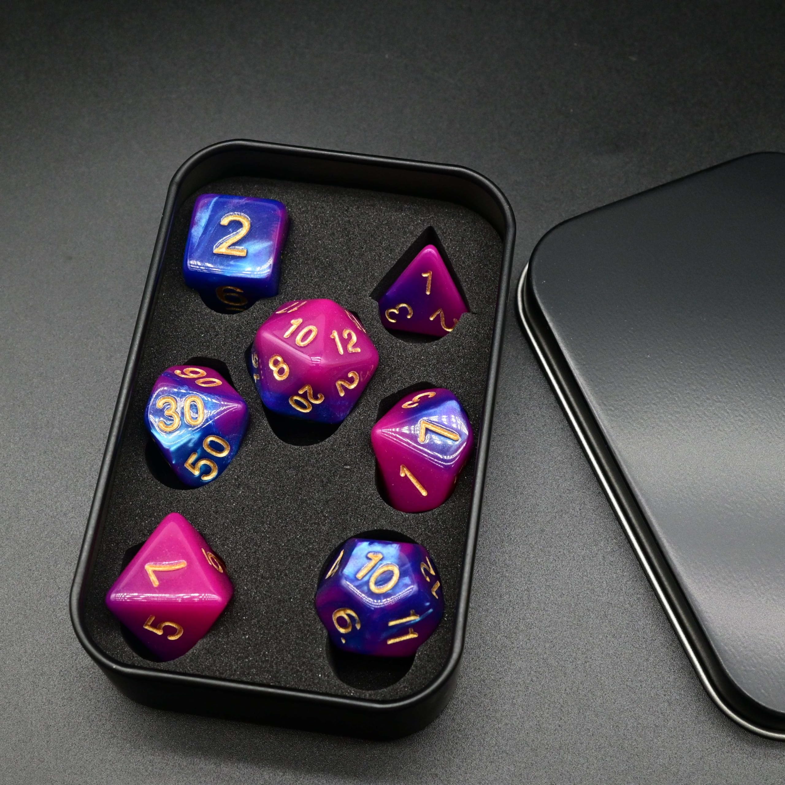 Coffret D&D – 7 Dés Polyédriques Violets + Épée-Boîte En Bois – Rangement Dragon Gravé – Cadeau RPG