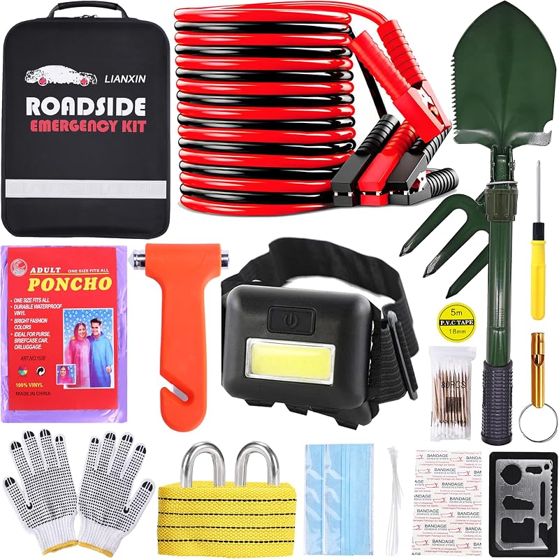 Kit de emergencia para automóvil, kits de seguridad para automóviles con cables de puente, martillo de seguridad | Kit Premium de asistencia en carretera para automóviles, regalos para nuevos conductores, faro, pala plegable, para viajes y emergencias en la carretera