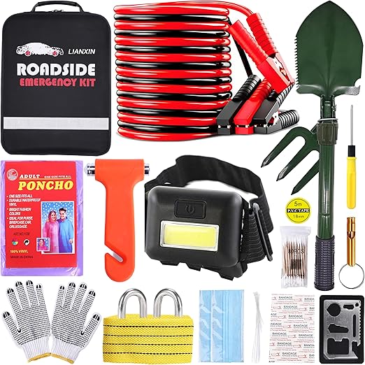 Emergency Car Kit - Premium Roadside Assistance Kit for Cars with Jumper Cables, Headlamp, Folding Shovel & Tow Strap All-in-One Vehicle Safety Kits for Winter, Travel, Survival (Men & Women)
