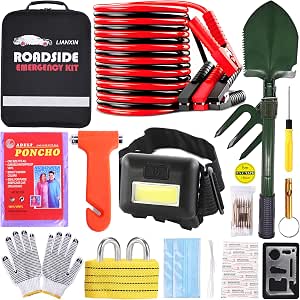 Emergency Car Kit with Jumper Cables, Safety Hammer, Headlamp, and Folding Shovel