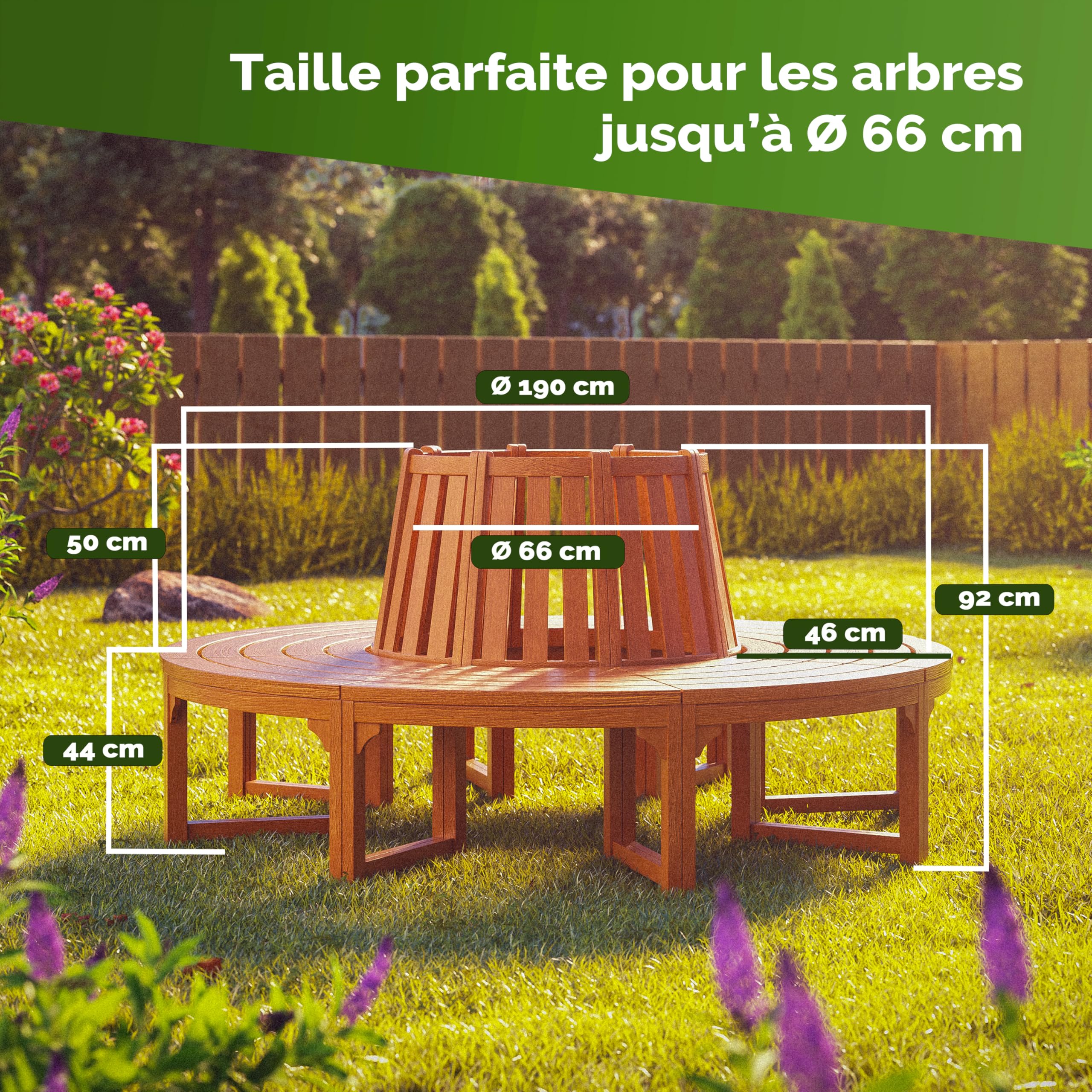 Banc de jardin tour d'arbre [Jardin] | Bois d'eucalyptus certifié FSC, diamètre de 190cm, résistant aux intempéries, design intemporel