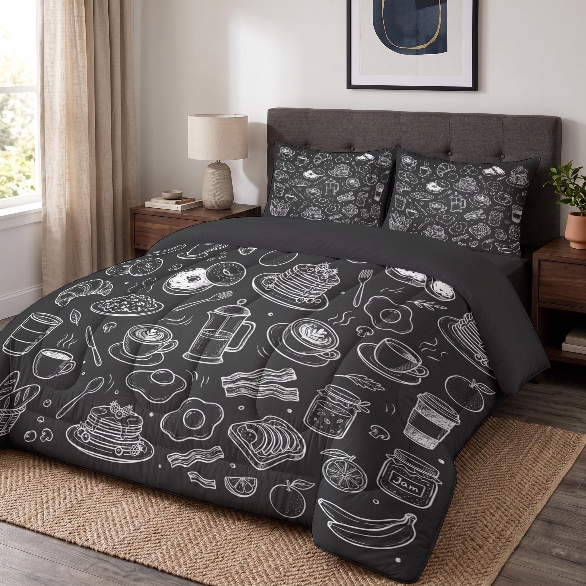 Couette 4 Saisons Café Rétro, en Microfibre pour lit 1 Personne, Gris Anthracite | Couette Légère Pain Au Café, Chaude, Couverture Construction U-Stitching, Lavable en Machine