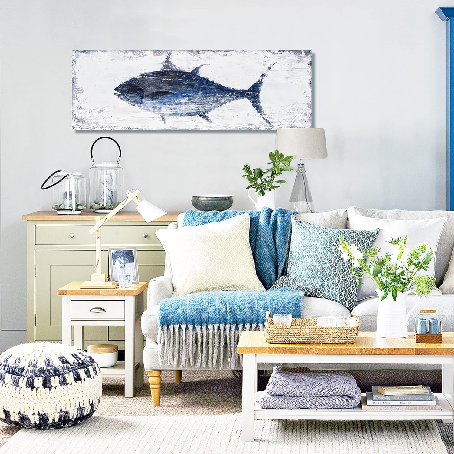 BATRENDY ARTS Tuna Picture Wall Art Navy Blue and White Fish Canvas Painting Nautical Beach Coastal Style Artwork for Bathroom Livingroom Ready to hang Tuna 12Wx36L