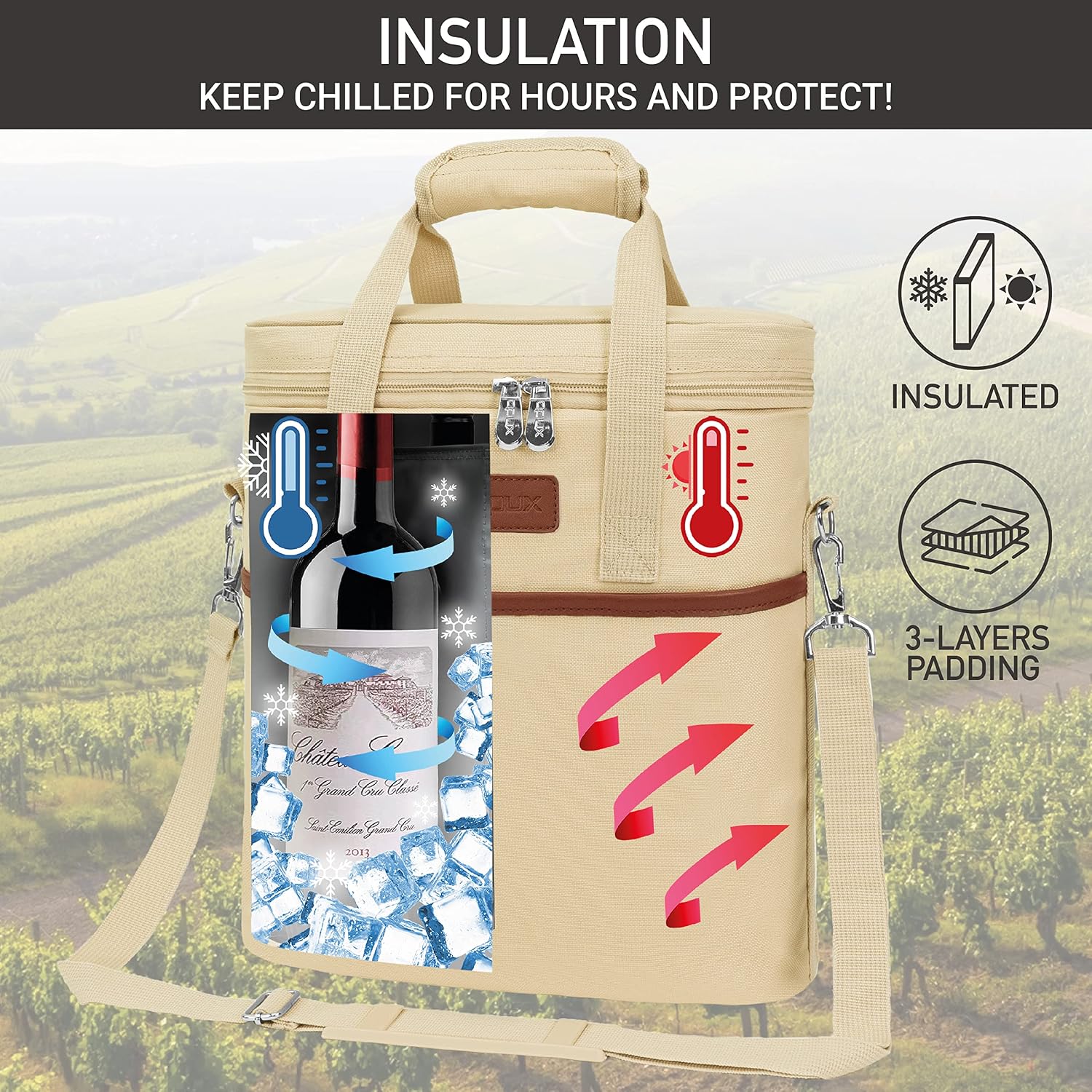 Opux 3 Bottle Insulated Leakproof Wine Cooler Bag, Tote for Picnic Beach, Portable Carrying Case, Cream image 2