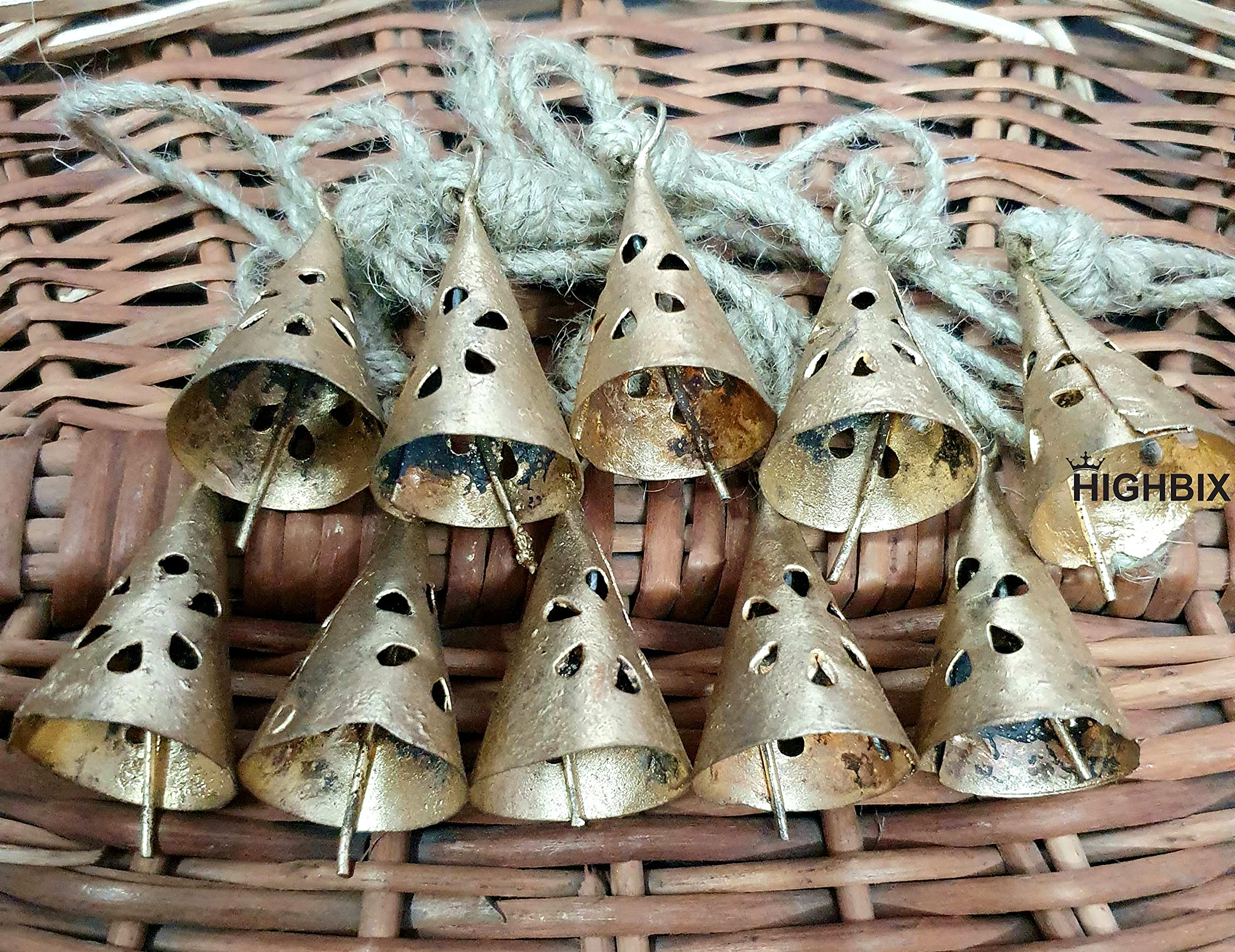 HIGHBIX 4cm Vintage Rustic Lucky Cone Shaped Cuting Tin Cow Bells Set of 10 Handmade Christmas Décor Bells with Jute Rope - Image 2 thumbnail