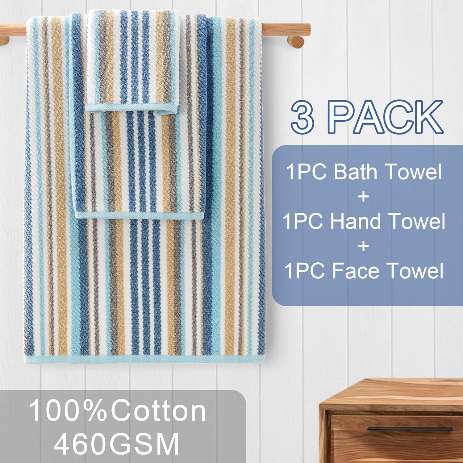Striped Towels Set, 3PC Bathroom Towels - 100% Cotton | Quick Dry | Soft | Absorbent, 1 Bath 28"x52", 1 Hand 16"x27", 1 Face 13"x13", Luxury Bath Towels with Hanging loops, Blue+Gray+Beige Stripe - Image 3