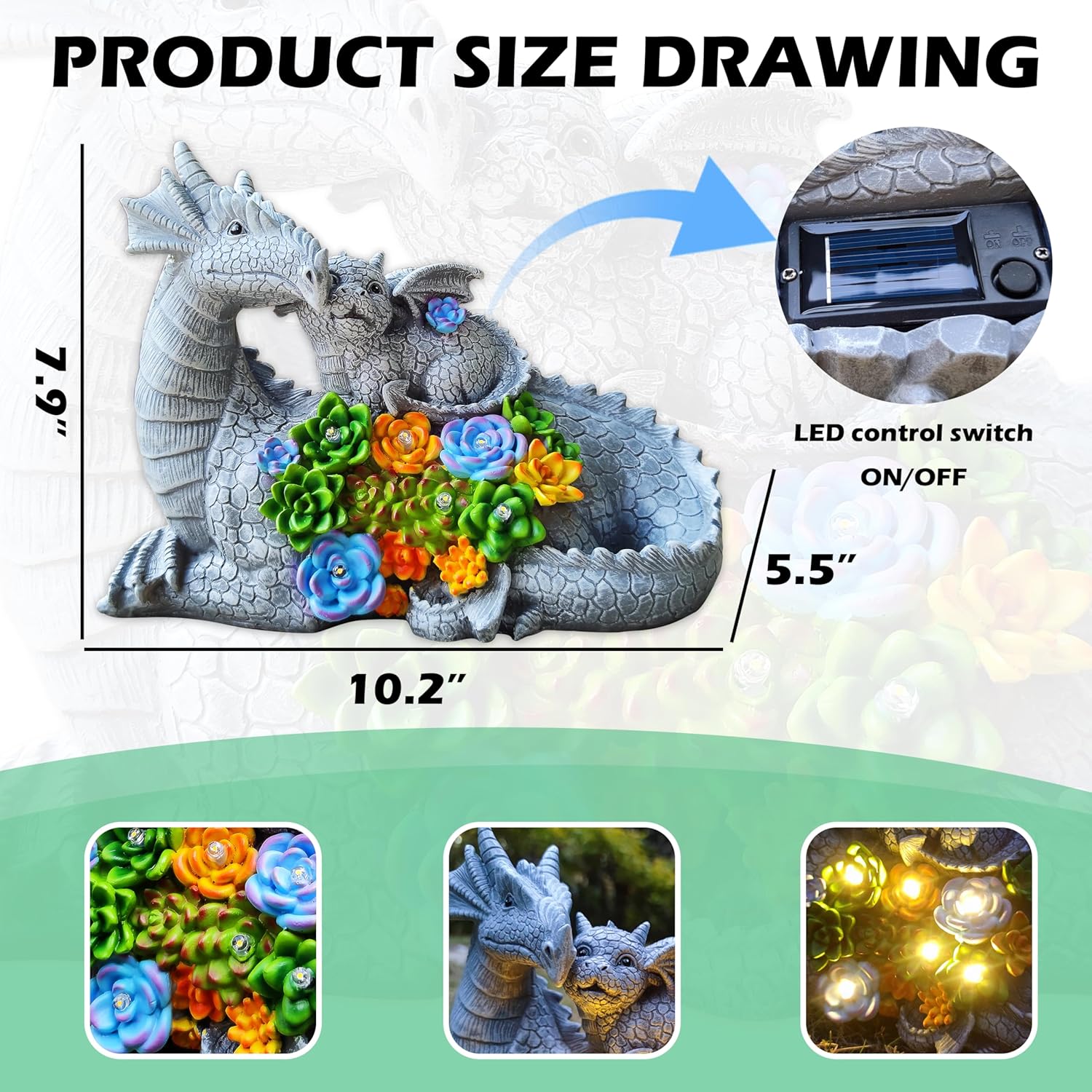 Solar Garden Statues Dragon Figurine Lights, Gardens Statue with Succulents and 6 LED Lights Yard Decorations Outdoor, Solar Light Garden Decor Unique Birthday Housewarming Gifts for Mom - Image 3