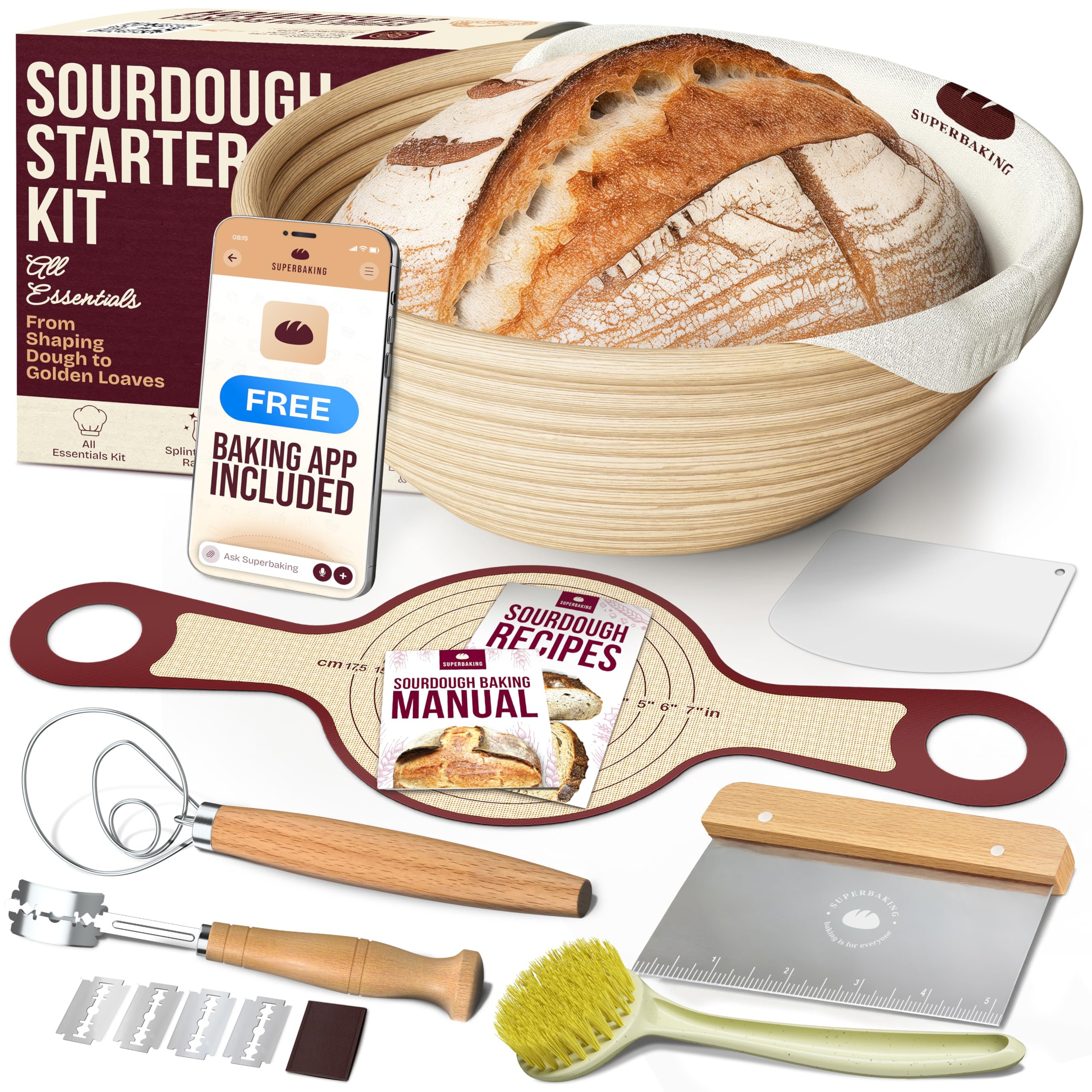 Superbaking Banneton Bread Proofing Basket Set with Silicone Dough Sling 9 Splinter-Free Proofing Basket Non-Stick Dutch Oven Liner
