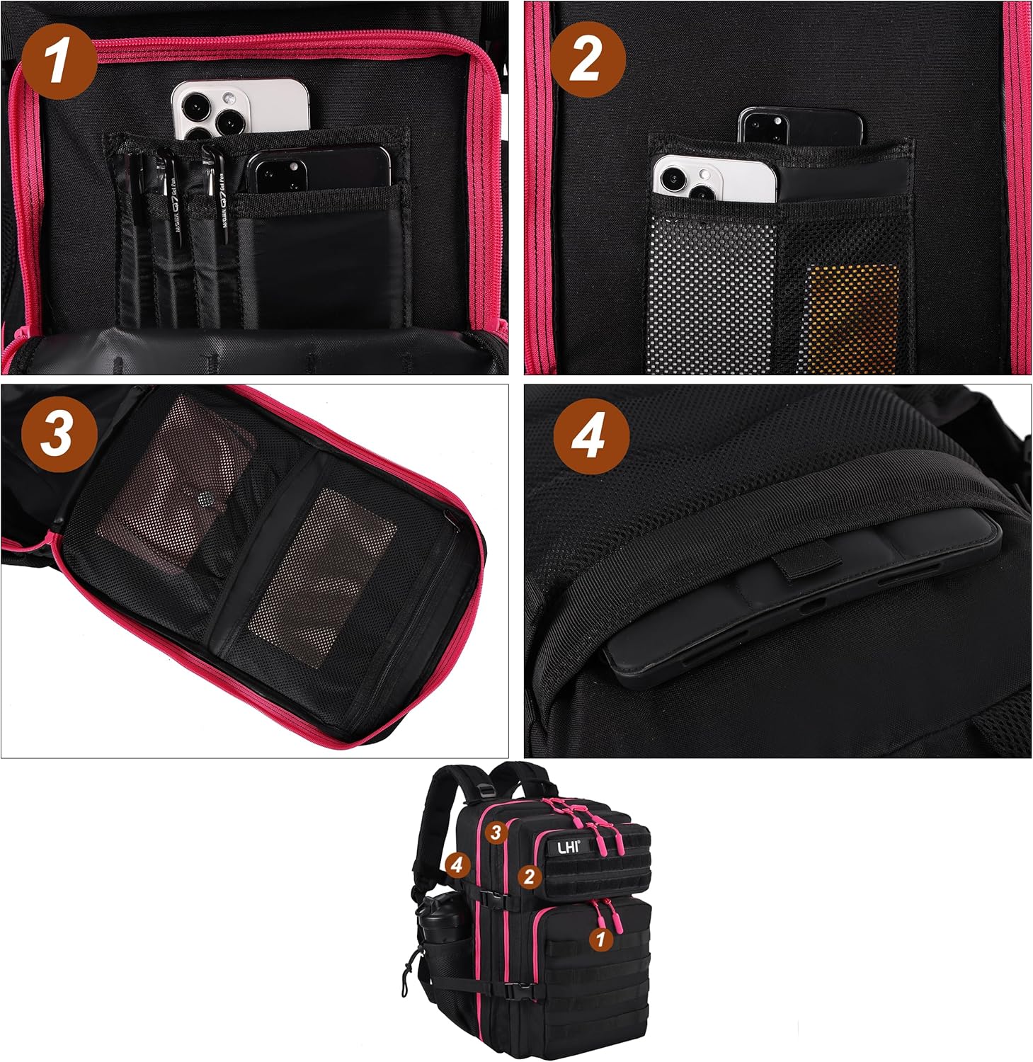 LHI Military Tactical Backpack for Men and Women 45L Army 3 Days Assault Pack Bag Large Rucksack with Molle System - Black with red zipper - Image 6