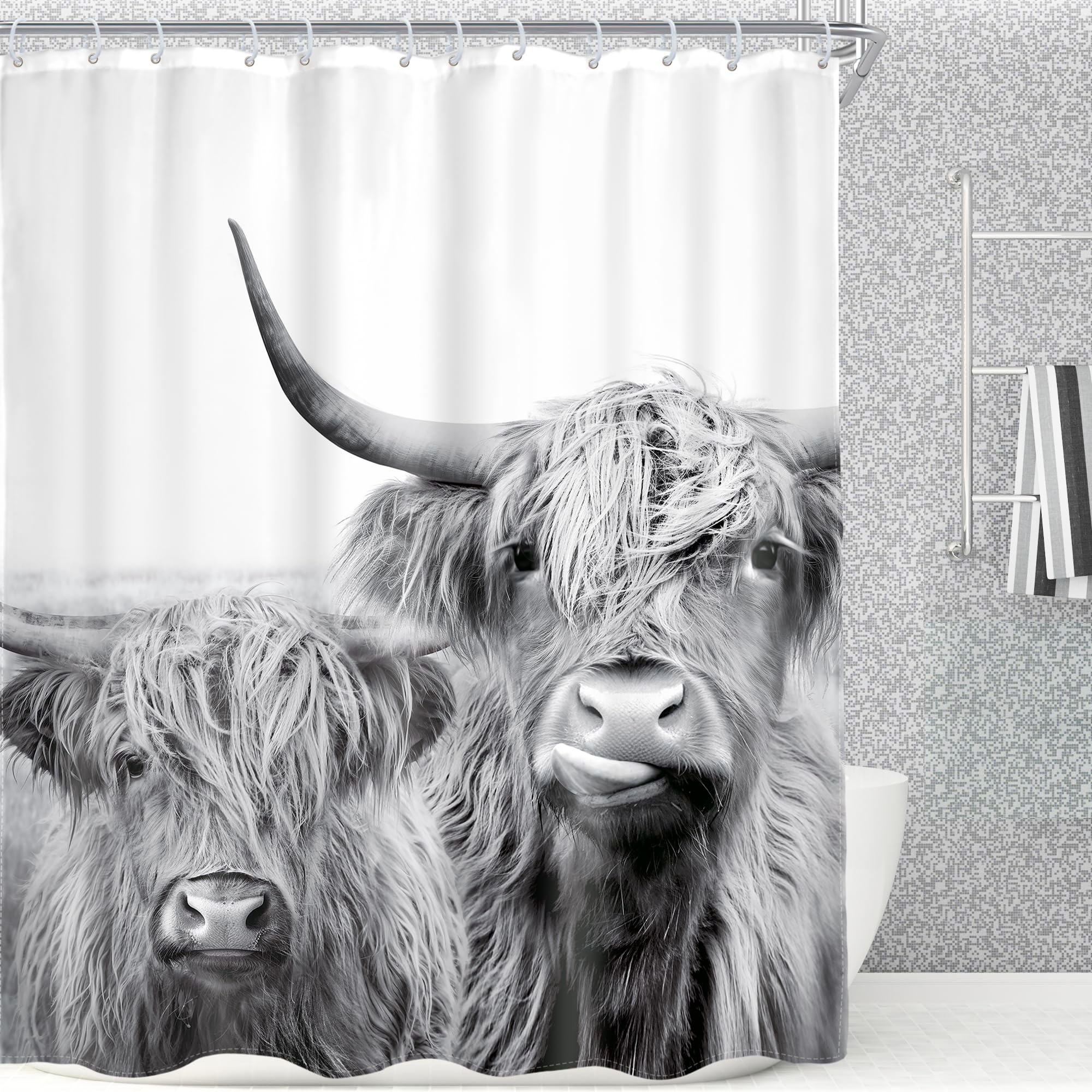 AMBZEK Two Cows Shower Curtain 60Wx72L Inch Rustic Bull Highland Cow Farmhouse Country Western Farm Animal Cattle Funny Cute Milk Wildlife Artwork
