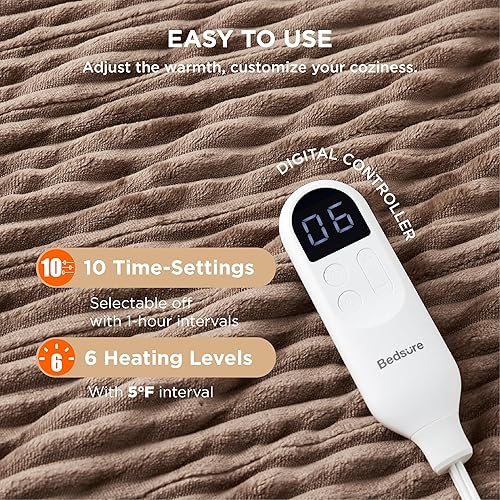 Vista 161 de Bedsure Manta eléctrica individual – Manta térmica de franela suave acanalada, manta térmica con 10 ajustes de tiempo, 6 ajustes de calor