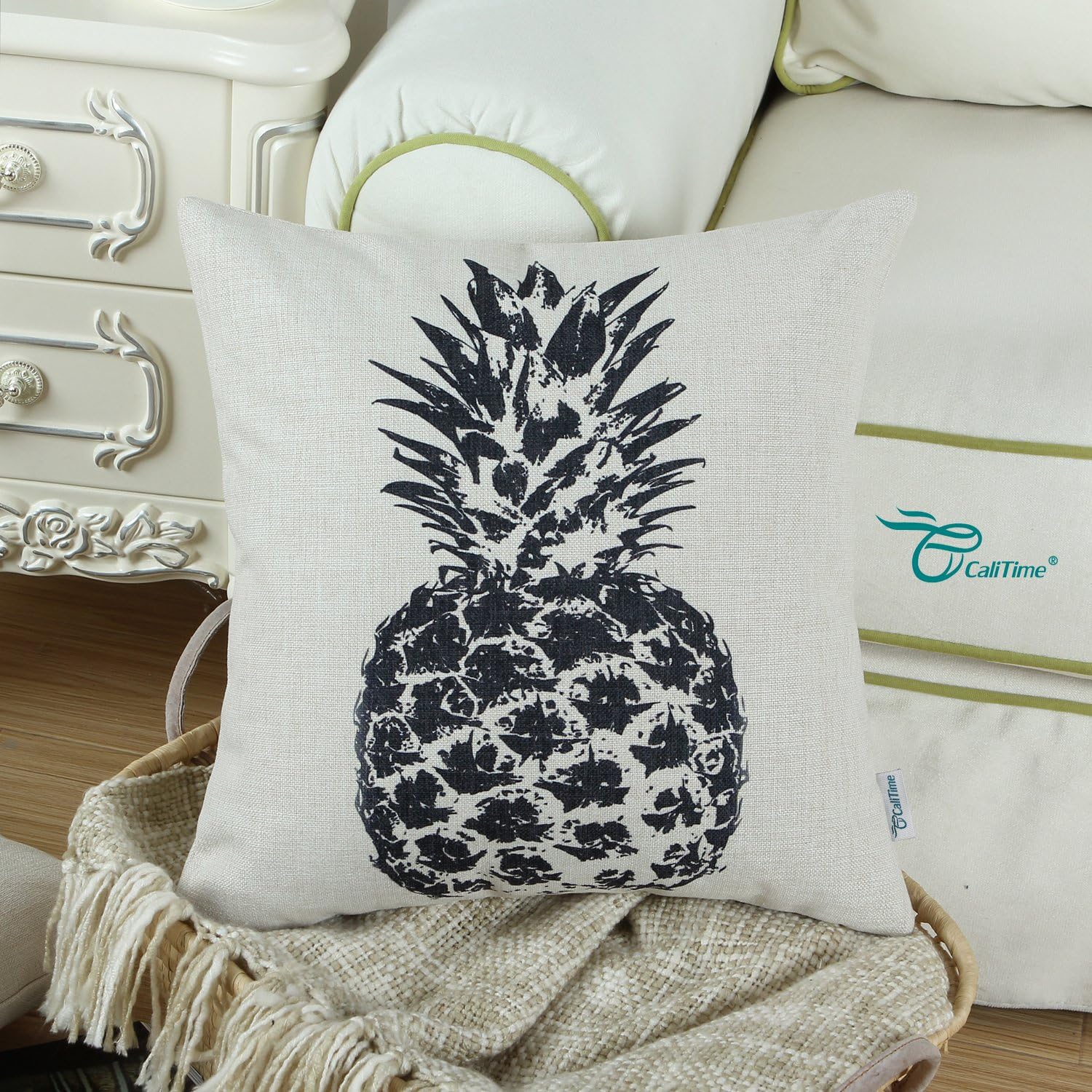 CaliTime Canvas Throw Pillow Cover Case for Couch Sofa Home Decoration Solid Pineapple Sketch Print 18 X 18 Inches Black