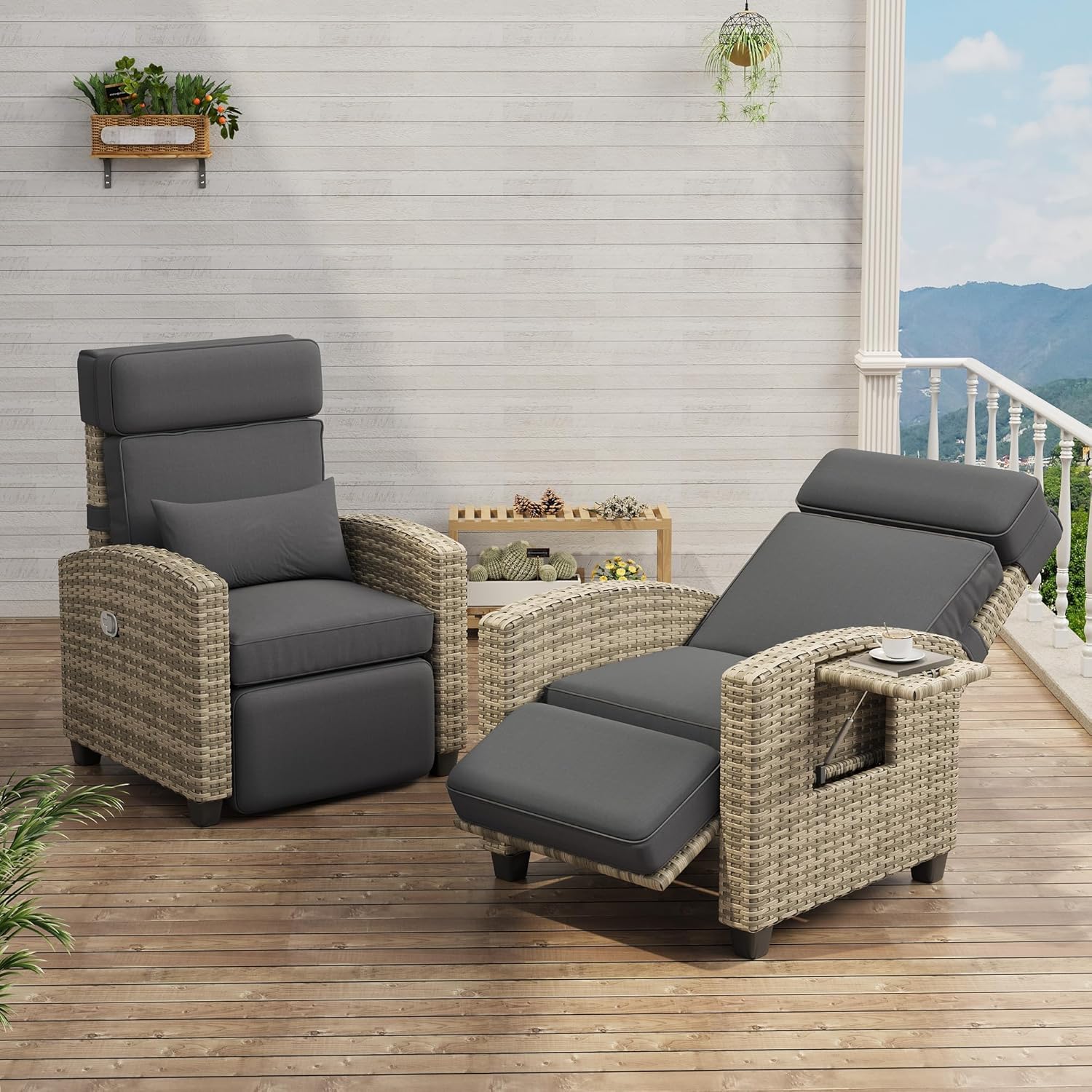 GarveeLife Outdoor Recliner Chair, PE Wicker Lounge Chair with Adjustable 145° Lay-Flat Backrest, Independent Footrest & Side Table, Plush Cushion for Patio, Poolside, Backyard in Gray