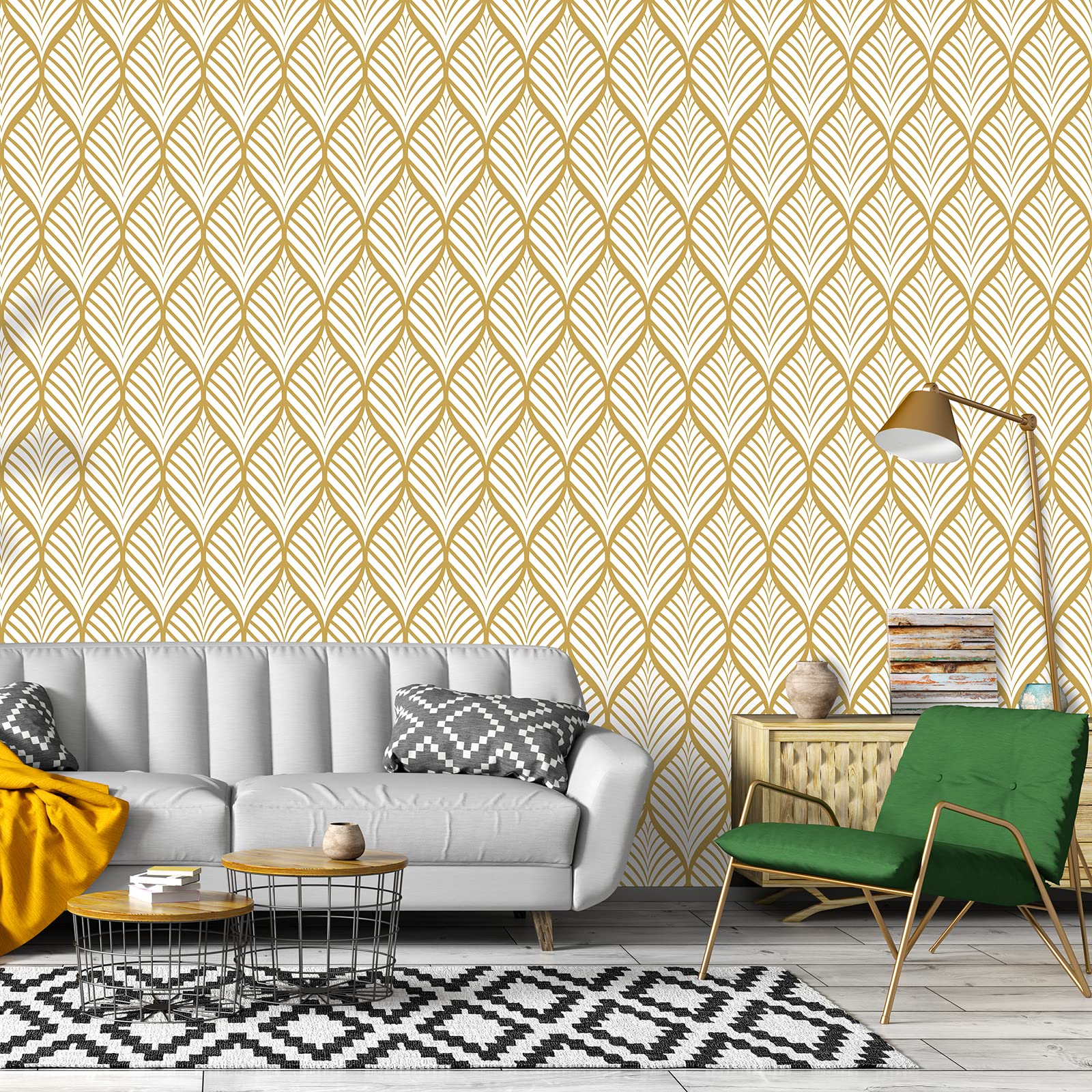 Papel Pintado Moderno Amarillo Adhesivo de Pared Autoadhesivo Impermeable con Diseño Geométrico de Rayas Doradas Para Baño Sala de Estar Dormitorio Decoración de Puerta de Cocina 44,5x1000cm