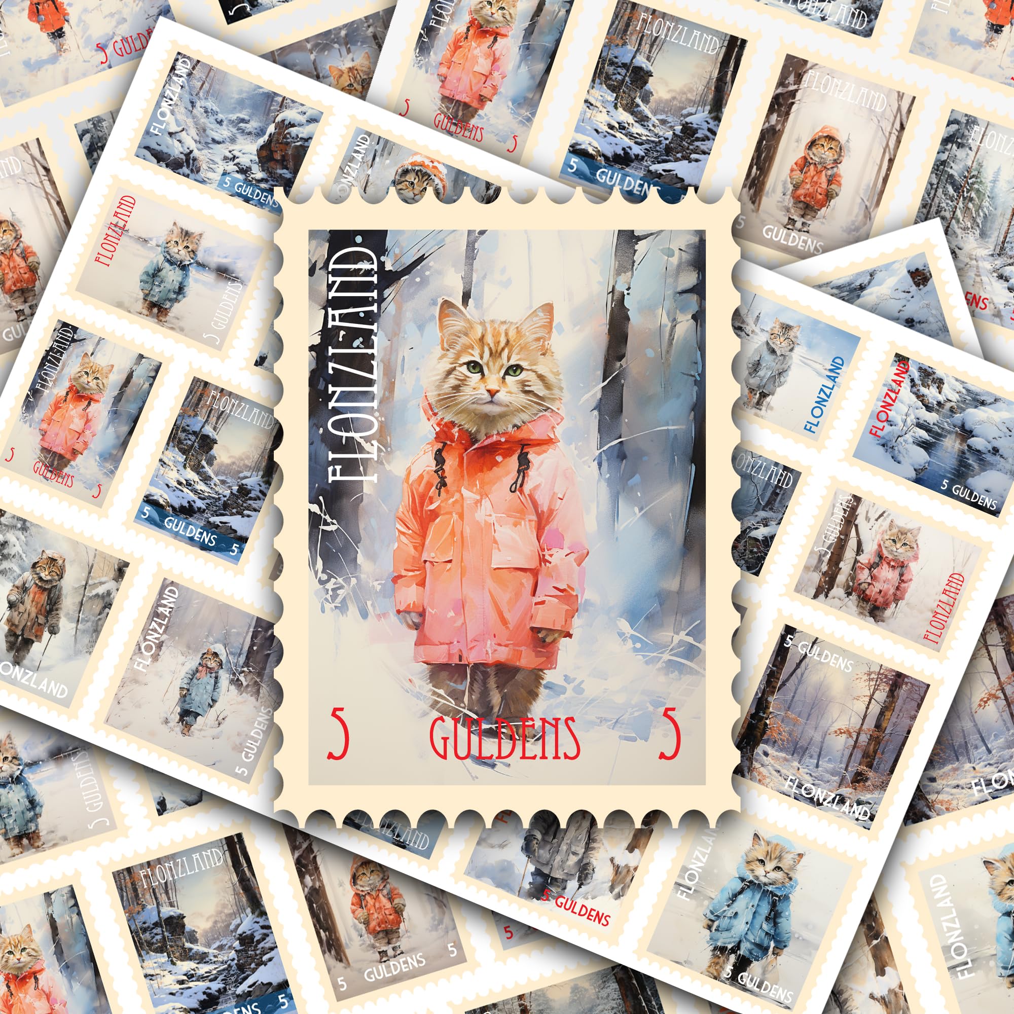 Post Stamps Stickers Set ~ Winter Wonderland: Charming Cats in Cozy Coats Exploring Enchanting Snowy Forests ~ FLONZ Vintage Decals for Craft