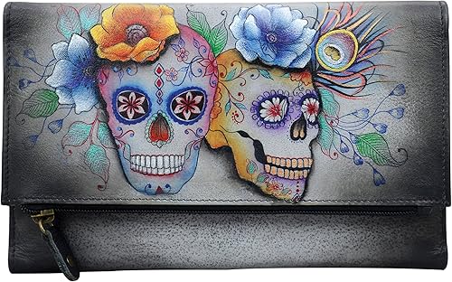 Anuschka Embrague de tres pliegues de cuero pintado a mano para mujer Flmingos flamboyantes