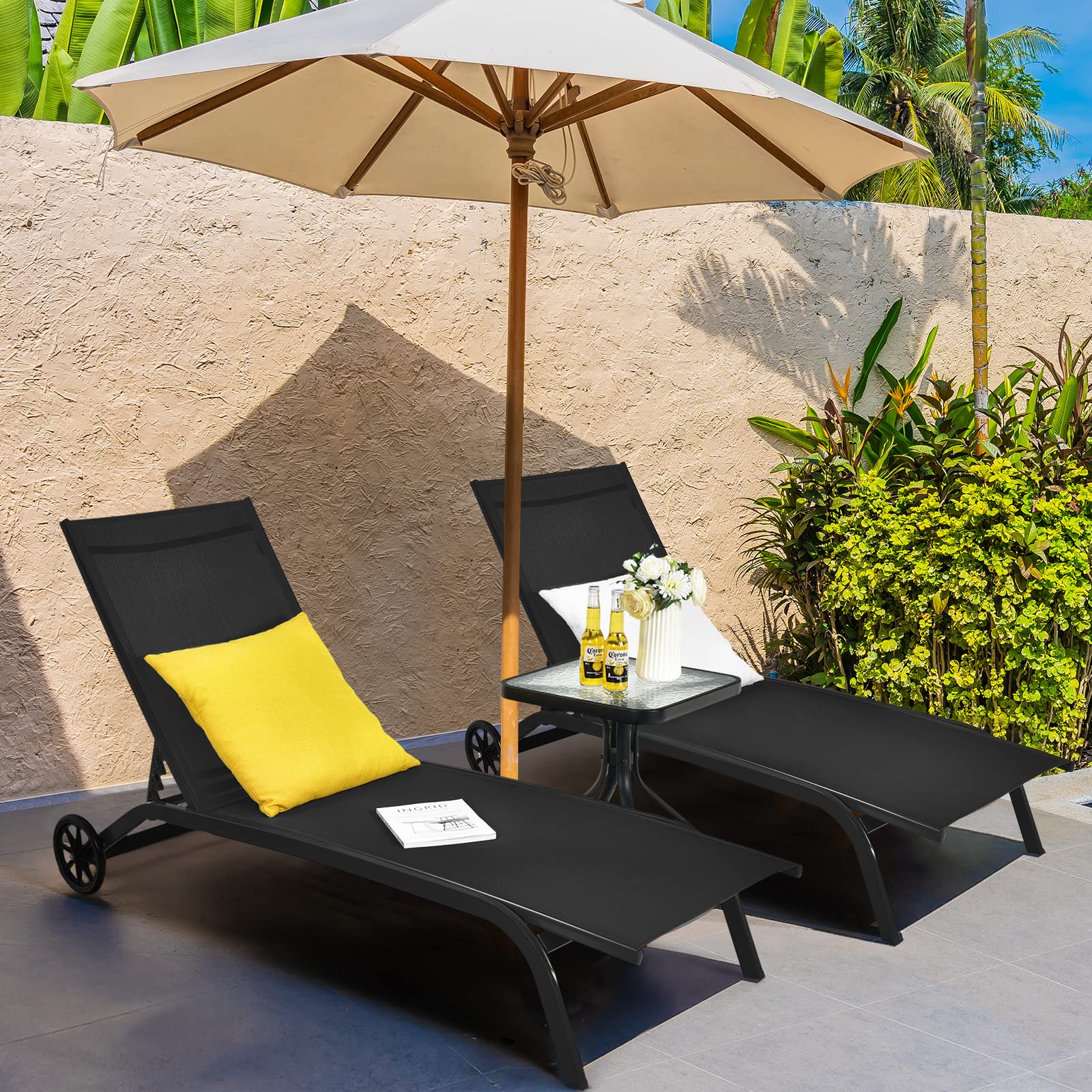 GIANTEX Lettino Prendisole con Ruote, Sedia a Sdraio Regolabile in 6 Posizioni per Giardino, Balcone e Piscina, Portata fino a 150 kg, 191 x 61 cm, 3 Colori (Nero)