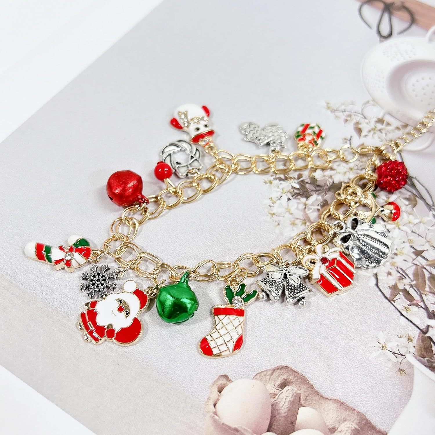 Christmas Red Green Jingle Bells Santa Claus Charm Link Bracelet Gold Plated Cute Cartoon Snowflake Snowman Wreath Gift Box Crutch Sock Adjustable Chain Bracelets Xmas Holiday Jewelry Gifts for Women Daughter Sister BFF - Image 4