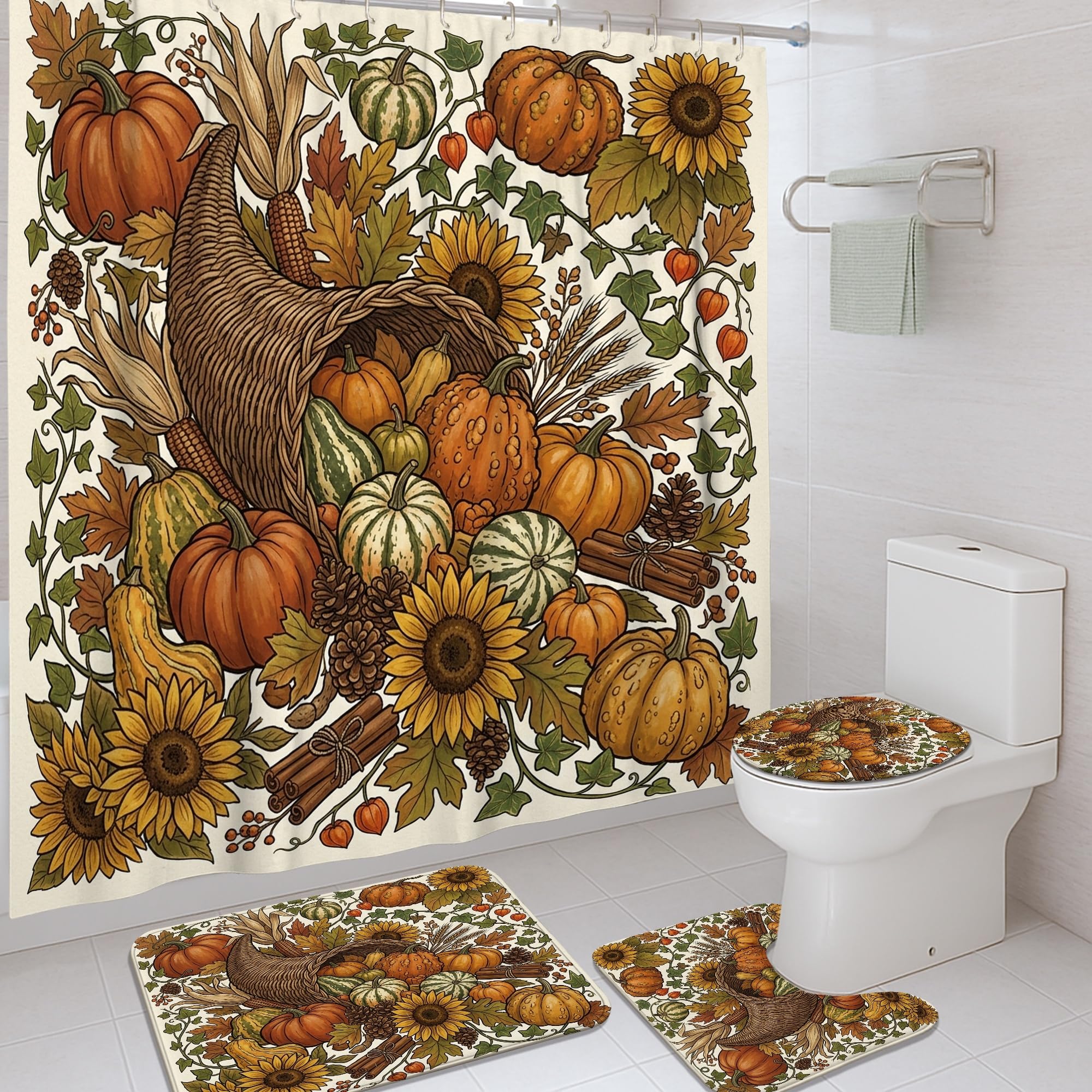 Rideau de douche automne imperméable avec motifs citrouilles et tournesols 183x183 cm