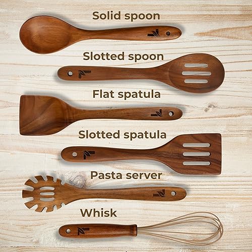 Miniatura 5 de Juego de utensilios de cocina de teca de alta calidad, herramientas de cocina naturales de 6 piezas con bolsa de lino, ecológico, antiarañazos,
