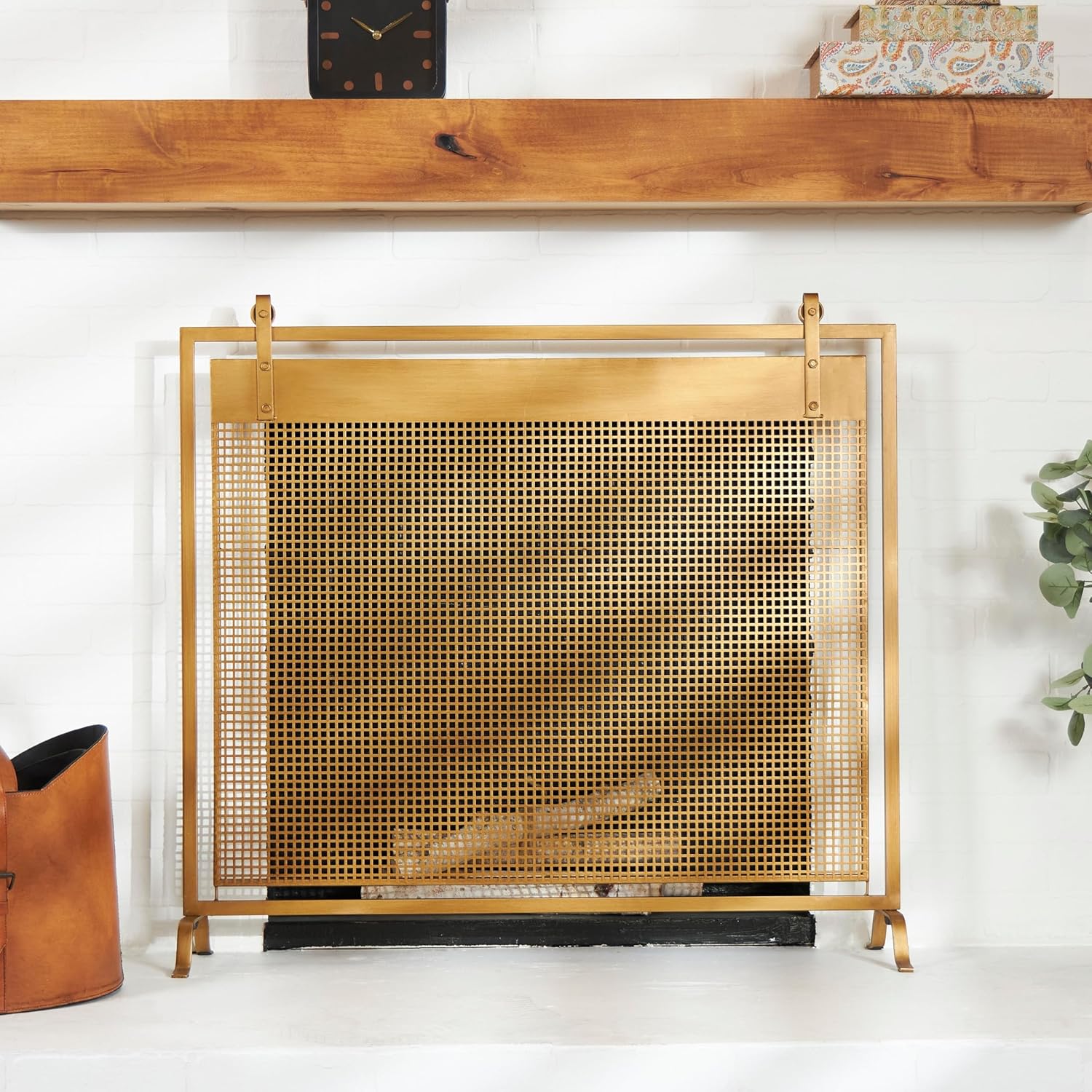Copper Metal Suspended Grid Style Netting Single Panel Fireplace Screen with Bolted Detailing Brown Iron