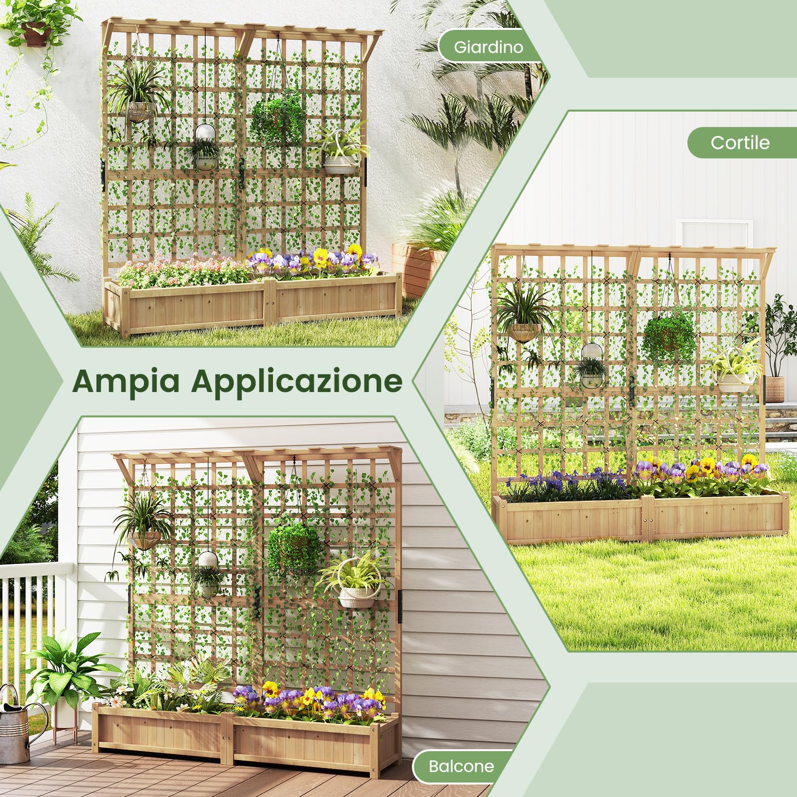 COSTWAY Fioriera in Legno con Traliccoio, Letto da Giardino con Grigliato, Tetto Appeso, 2 Scatole per Piante, 4 Fori di Drenaggio, Aiuola da Giardino Elevata per Piante Rampicanti e Fiori (Naturale)