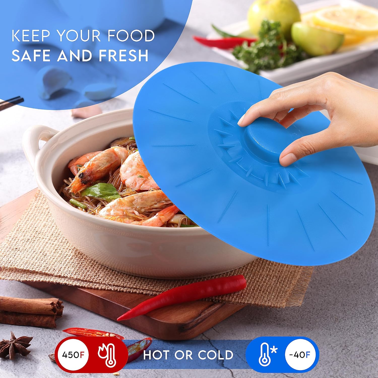 Silicone Bowl Lids Blue Set of 5 Reusable Suction Seal Covers for Bowls, Pots, Cups. Food Safe. Natural grip, interlocking handles for easy use and storage.