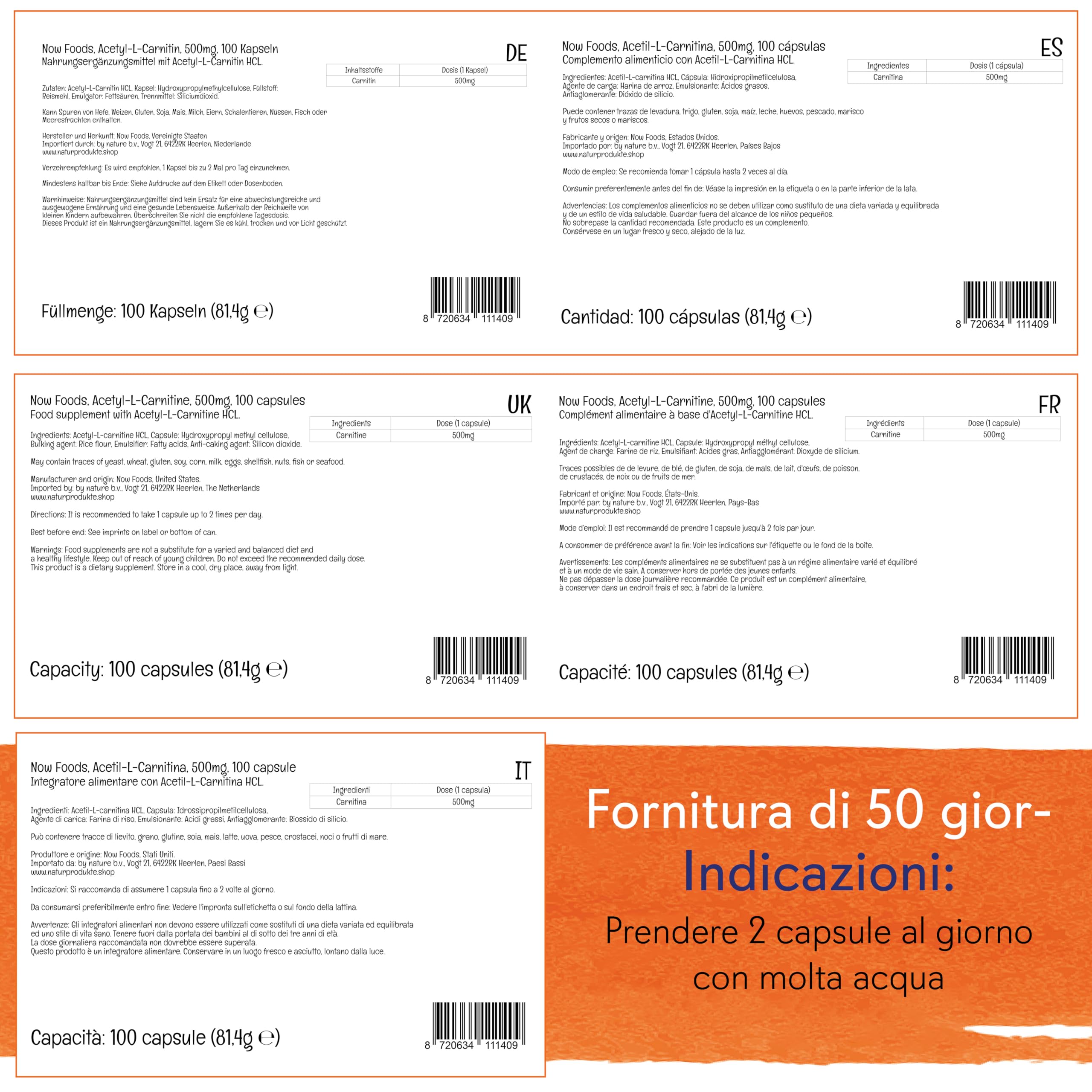 Now Foods, Acetyl-L-Carnitine (Acetil-L-Carnitina), 500 mg, 100 Capsule vegane, Testato in Laboratorio, Aminoacido, Senza Glutine, Senza Soia, Vegetariano