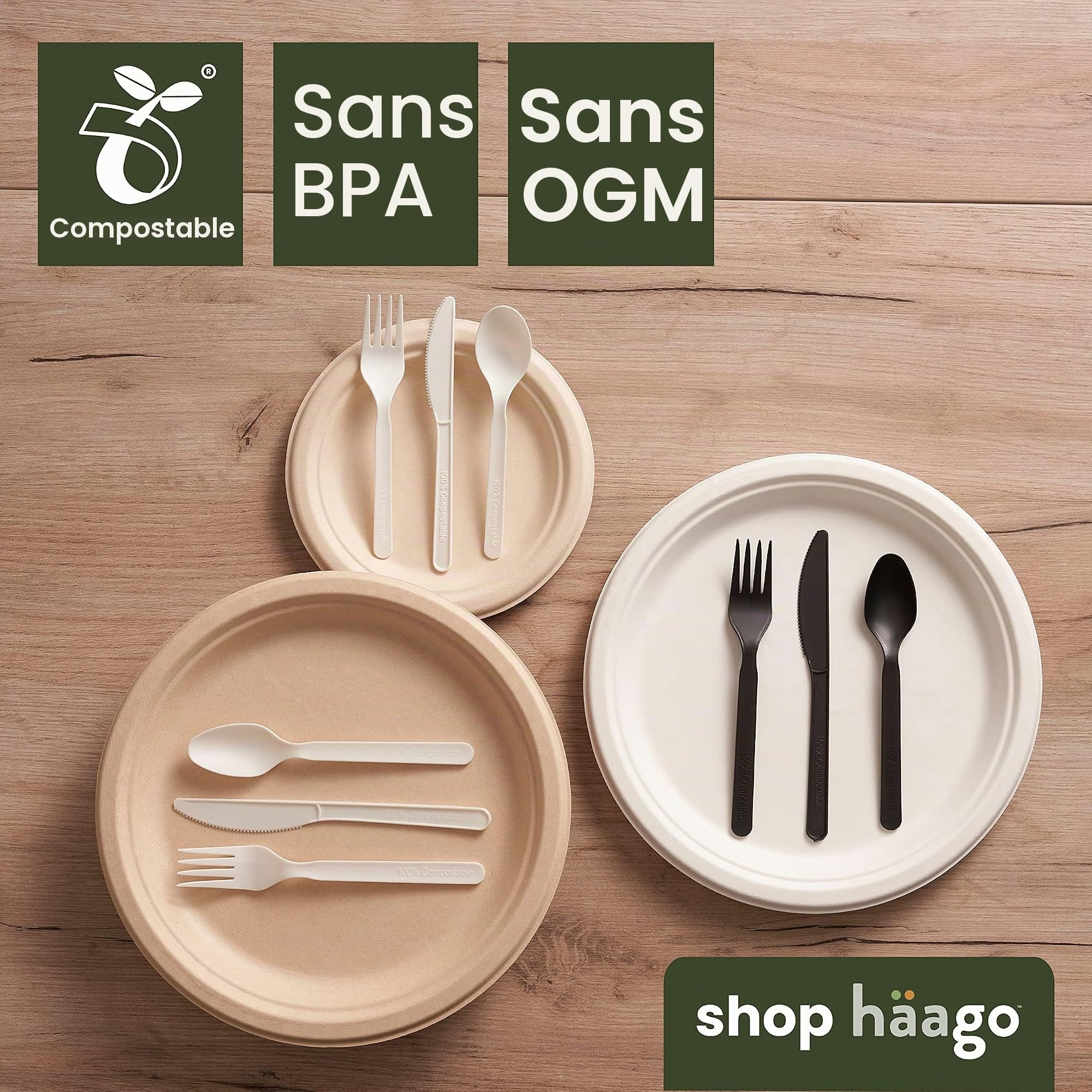 HAAGO 180 Couverts Réutilisables en PLA Noir 18 cm / 7" (60 Fourchettes, 60 Couteaux, 60 Cuillères) – 100% Naturel, Lavables, Compostables, Solides – Pour Repas, Fêtes, BBQ, Buffet, Traiteur