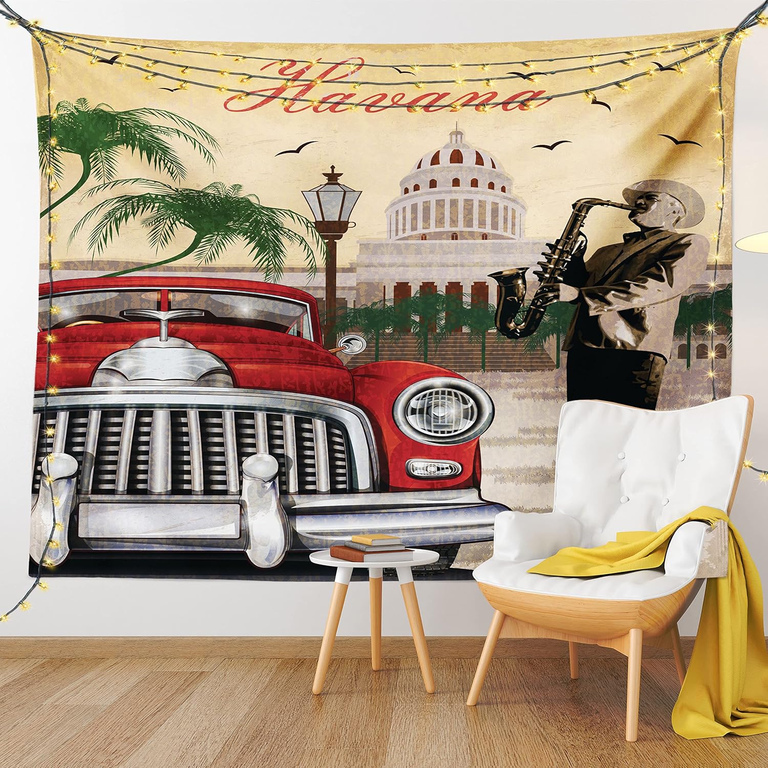 Lunarable Havana Tapestry, Saxophone Playing Gentlemen Wearing Panama Hats and Nostalgic Red Car, Fabric Wall Hanging Decor for Bedroom Living Room Dorm, 45" X 30", Sand Brown and Emerald 1 Lunarable Havana Tapestry, Saxophone Playing Gentlemen Wearing Panama Hats and Nostalgic Red Car, Fabric Wall Hanging Decor for Bedroom Living Room Dorm, 45" X 30", Sand Brown and Emerald