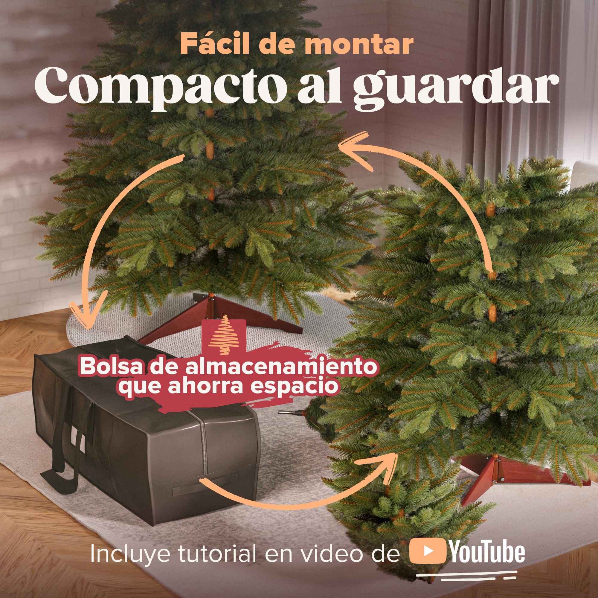 Árbol de Navidad Artificial Premium 150 cm - Ganador de la Prueba - Realismo Excepcional, Ramas Gruesas, Incluye Soporte de Madera y Bolsa de Almacenamiento – Pure Living