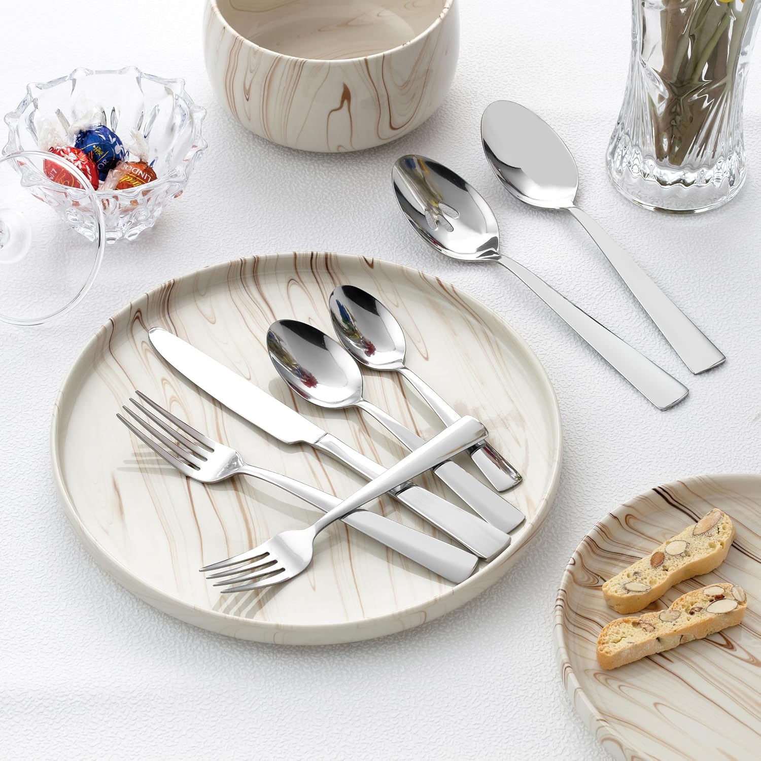 Lorren Home Trends 42 Piece Stainless Steel Flatware Set, Service for 8, Dishwasher Safe