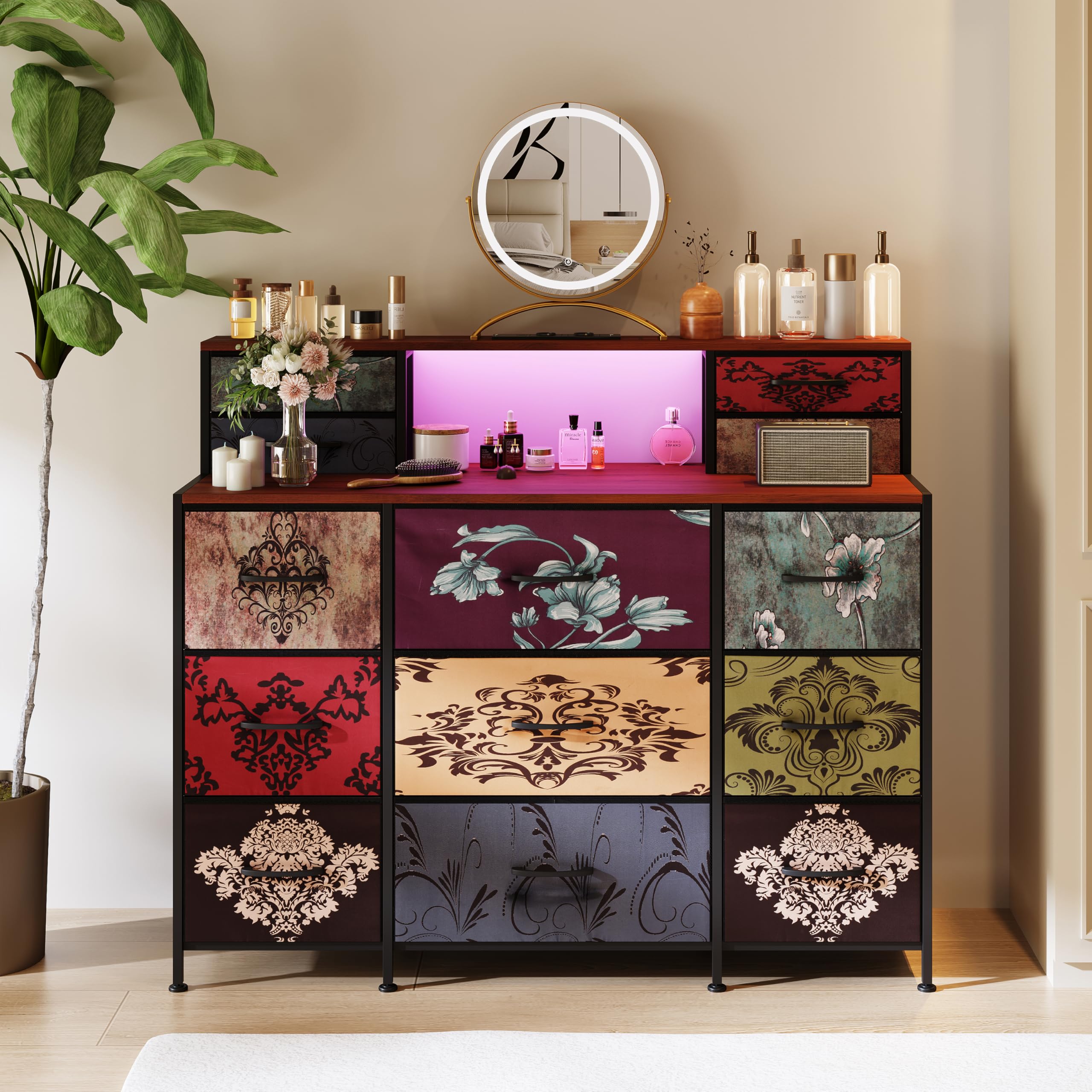 DULRLLY Coiffeuse avec éclairage et tabouret, coiffeuse avec miroir LED et prise, 3 températures de couleur et luminosité réglables, tiroirs, étagères ouvertes (coiffeuse sans tabouret, D)