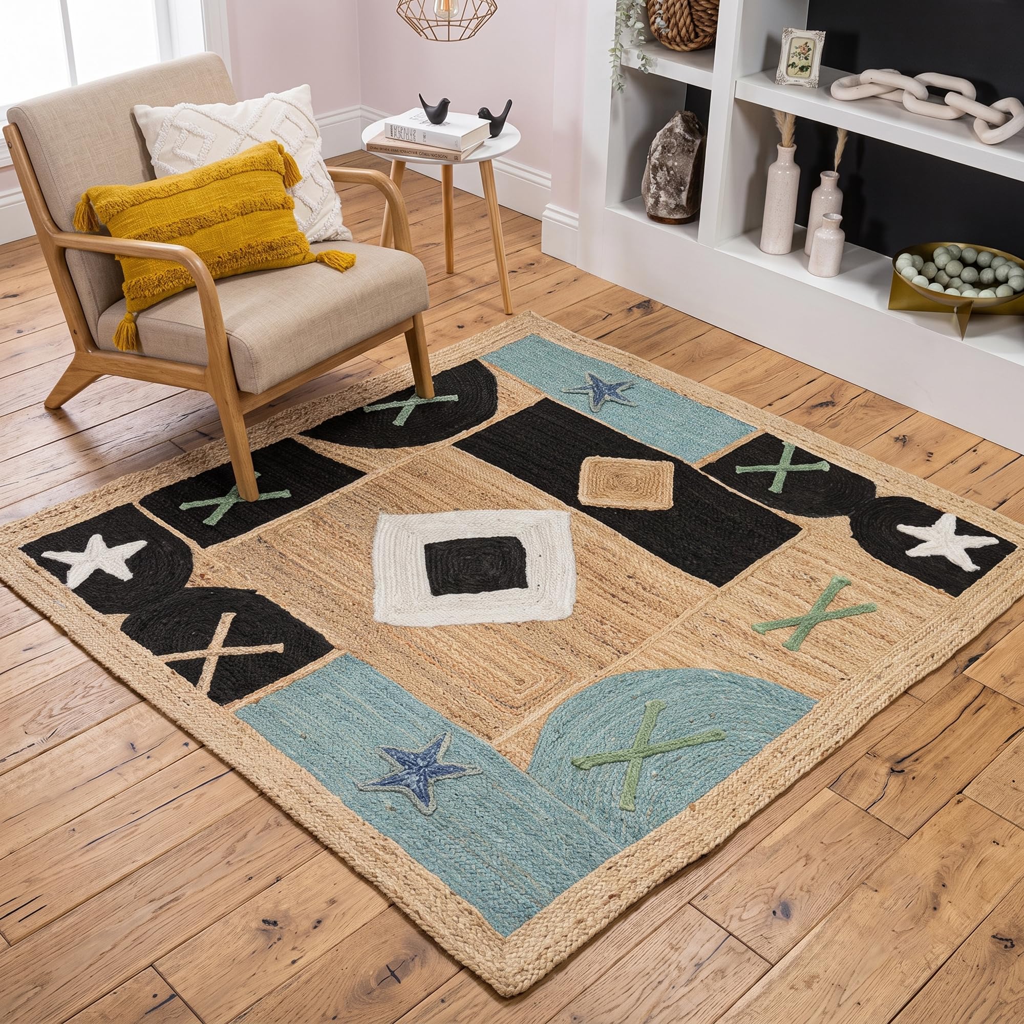 Alfombra de yute hecha a mano de 0.27 pulgadas de grosor con arte abstracto negro