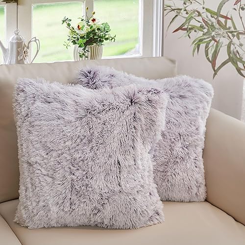Cheer Collection Almohadas para sofá y cama, almohadas suaves y peludas con rellenos incluidos, acogedoras almohadas de pelo sintético de pelo