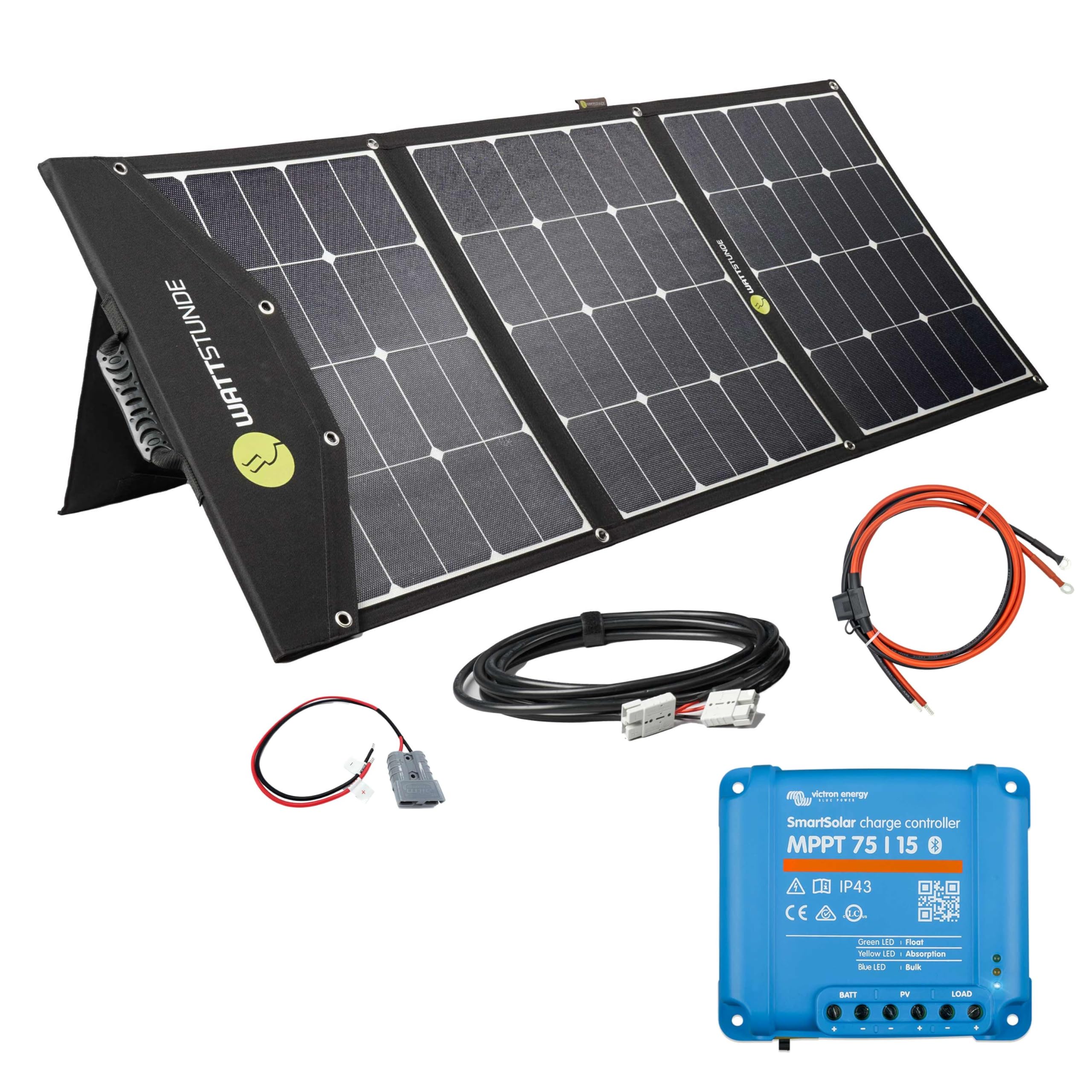 WATTSTUNDE 140Wp SunFolder Solartasche, Victron 75/15 MPPT Laderegler, Batteriekabel, Solar-Komplettset, faltbares Solarmodul 140 Watt, 0% Mwst